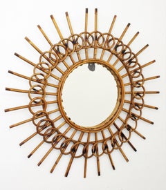 1960s French Riviera Mid-Century Modern Rattan Sunburst Mirror Framed by Circles