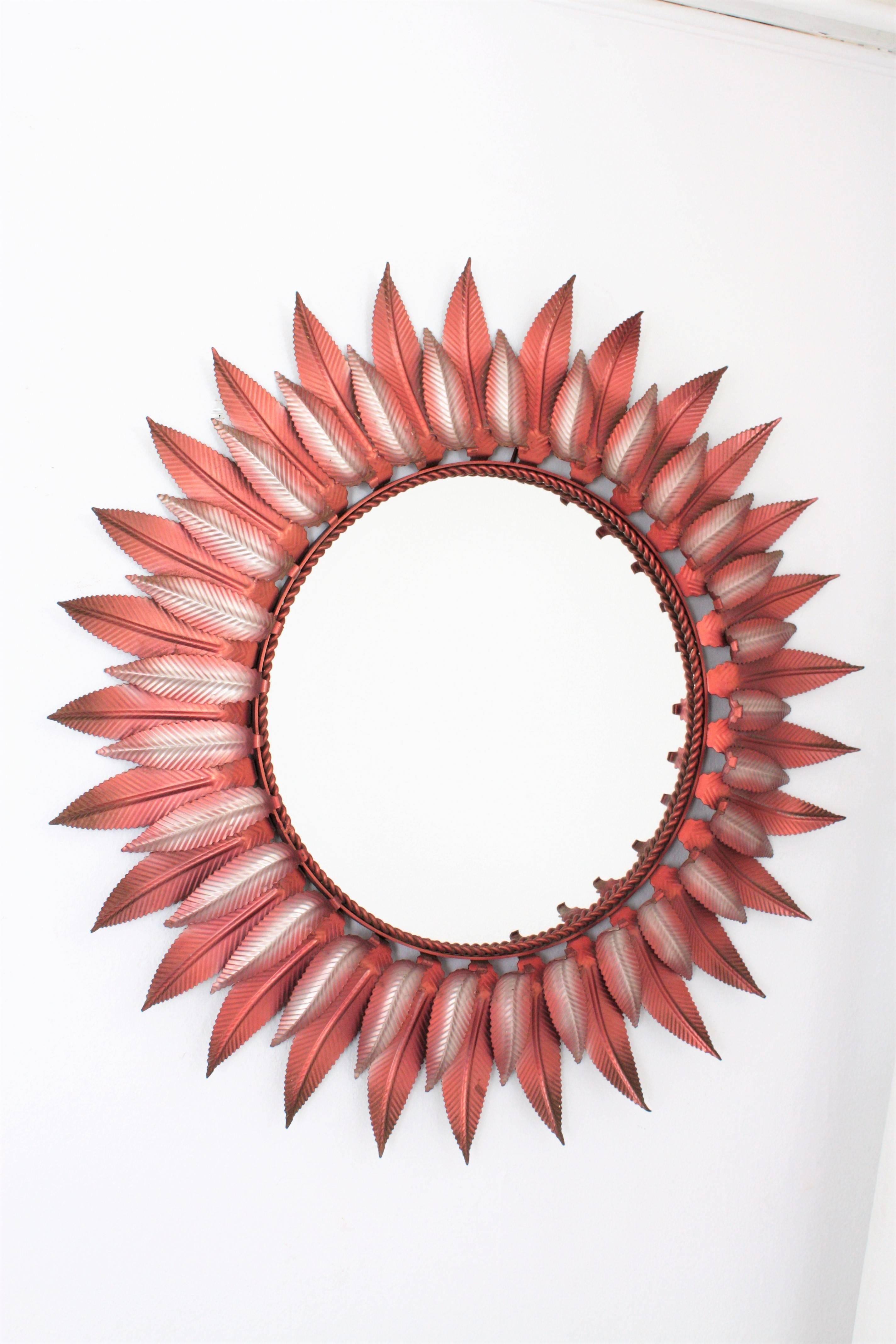Hand-Crafted Unusual Pink and Silver Iron Double Layered Sunburst Mirror, Spain, 1960s