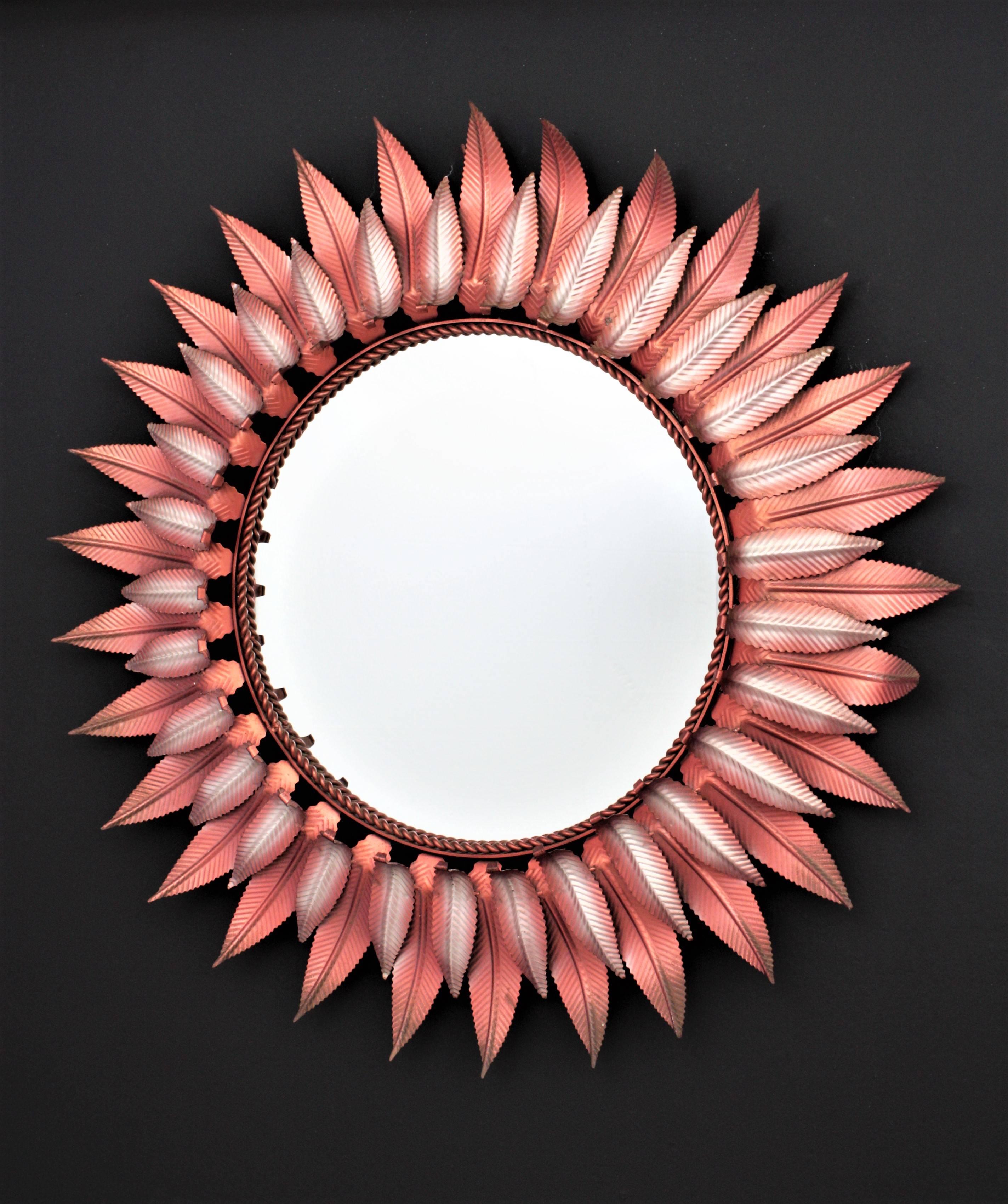 Spanish Unusual Pink and Silver Iron Double Layered Sunburst Mirror, Spain, 1960s