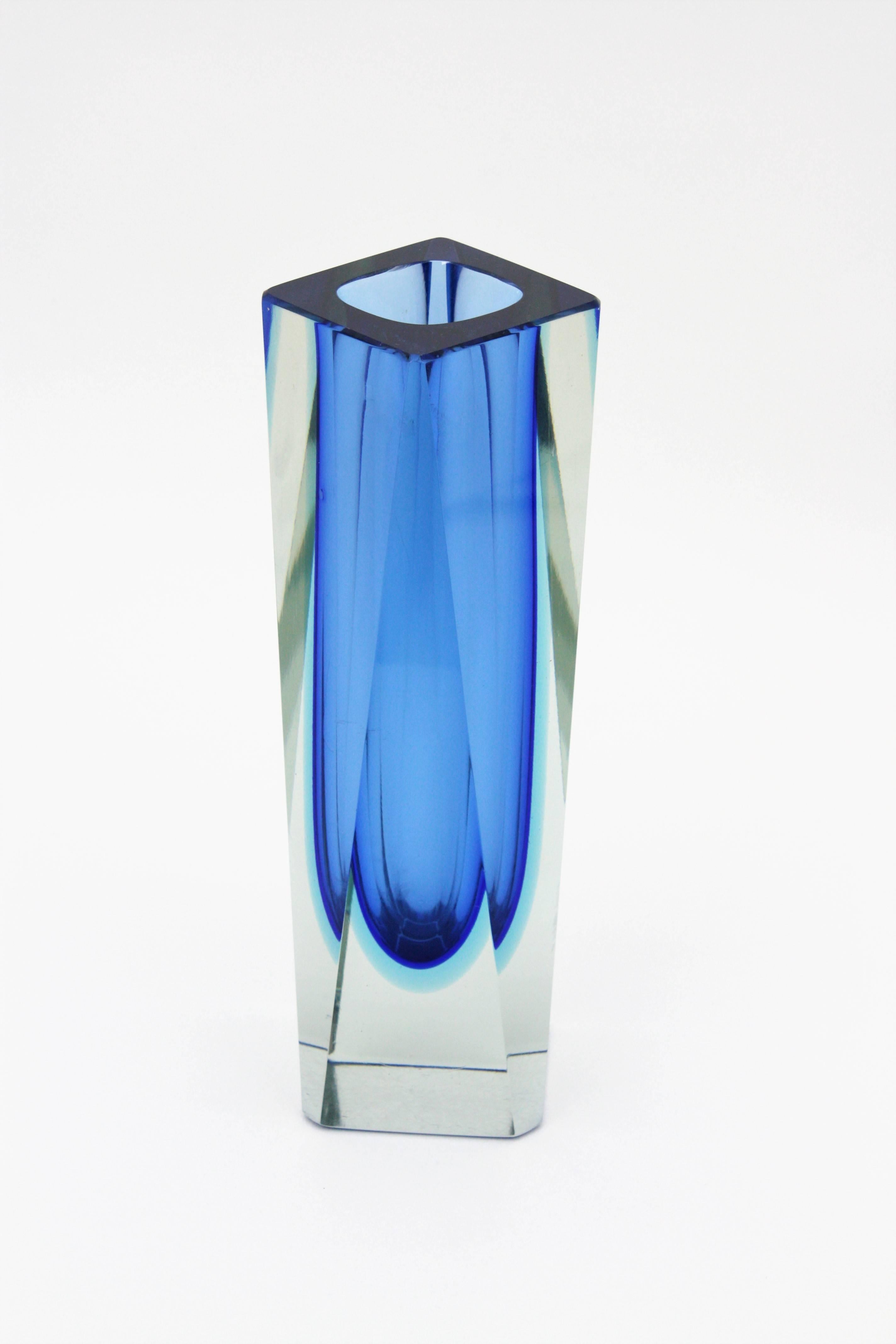 Italian Mandruzzato Triple Cased Blue Faceted Murano Glass Vase in Giant Size