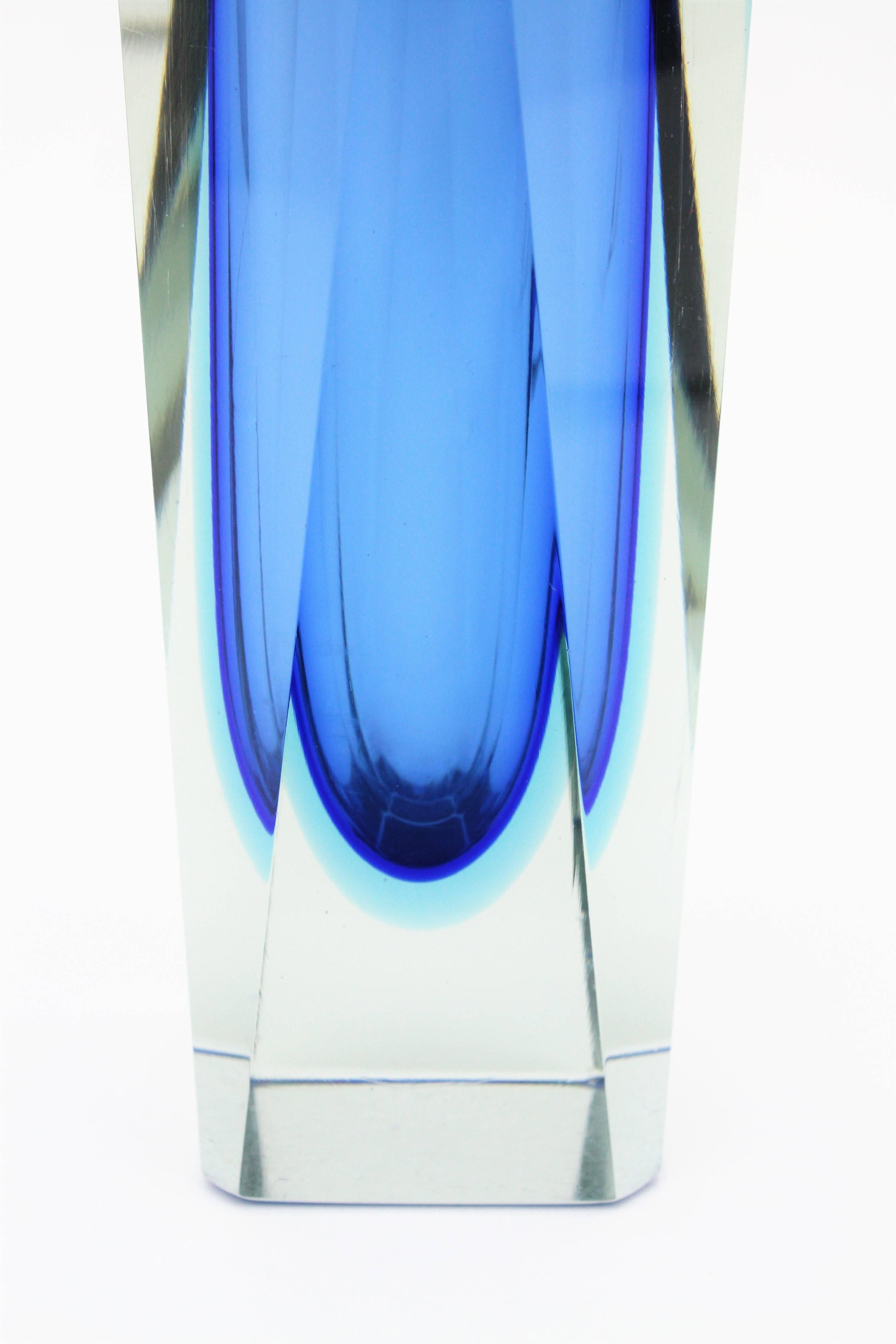 Mandruzzato Triple Cased Blue Faceted Murano Glass Vase in Giant Size 1
