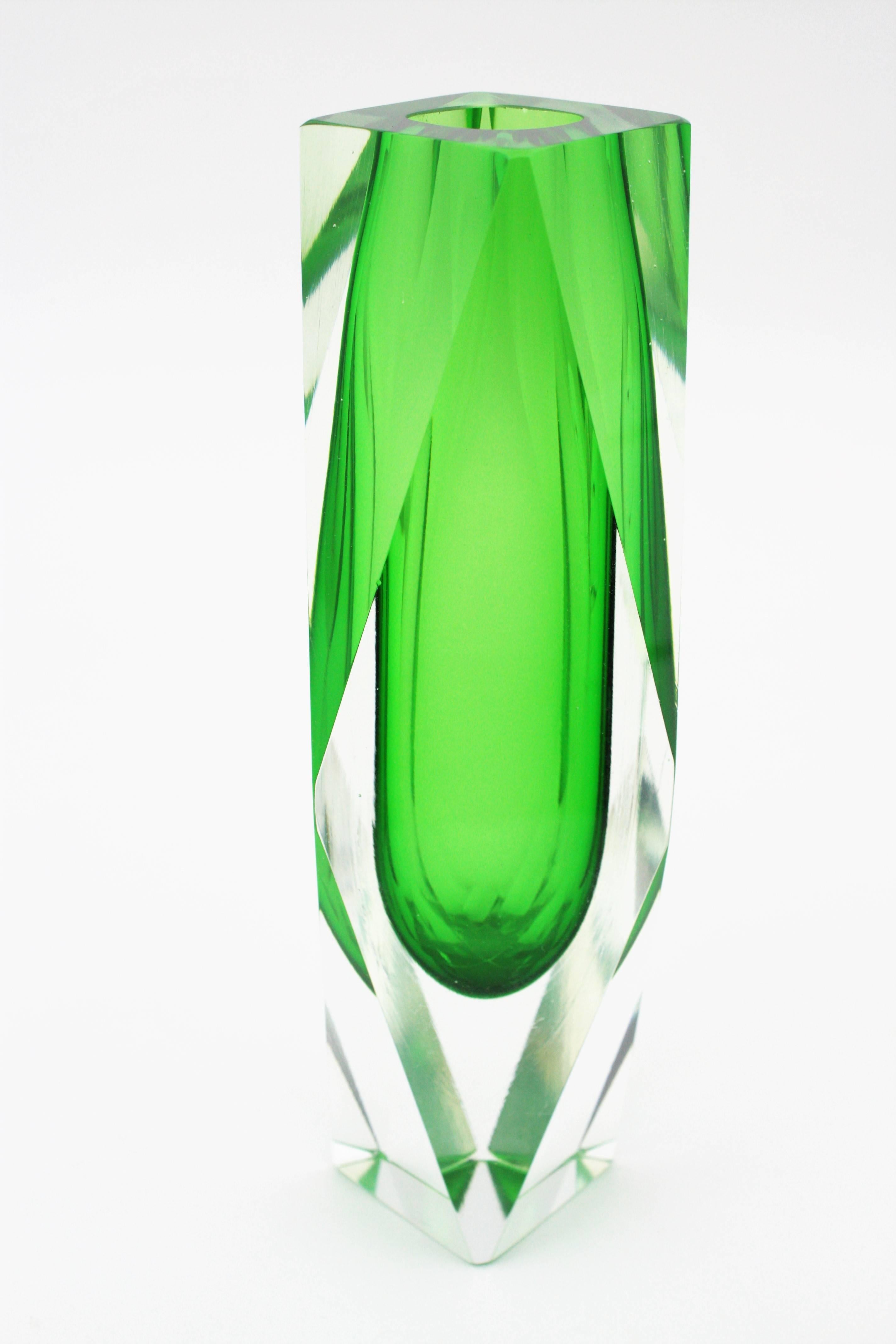 Italian 1960s Mandruzzato Lime Green Faceted Murano Glass Sommerso Vase