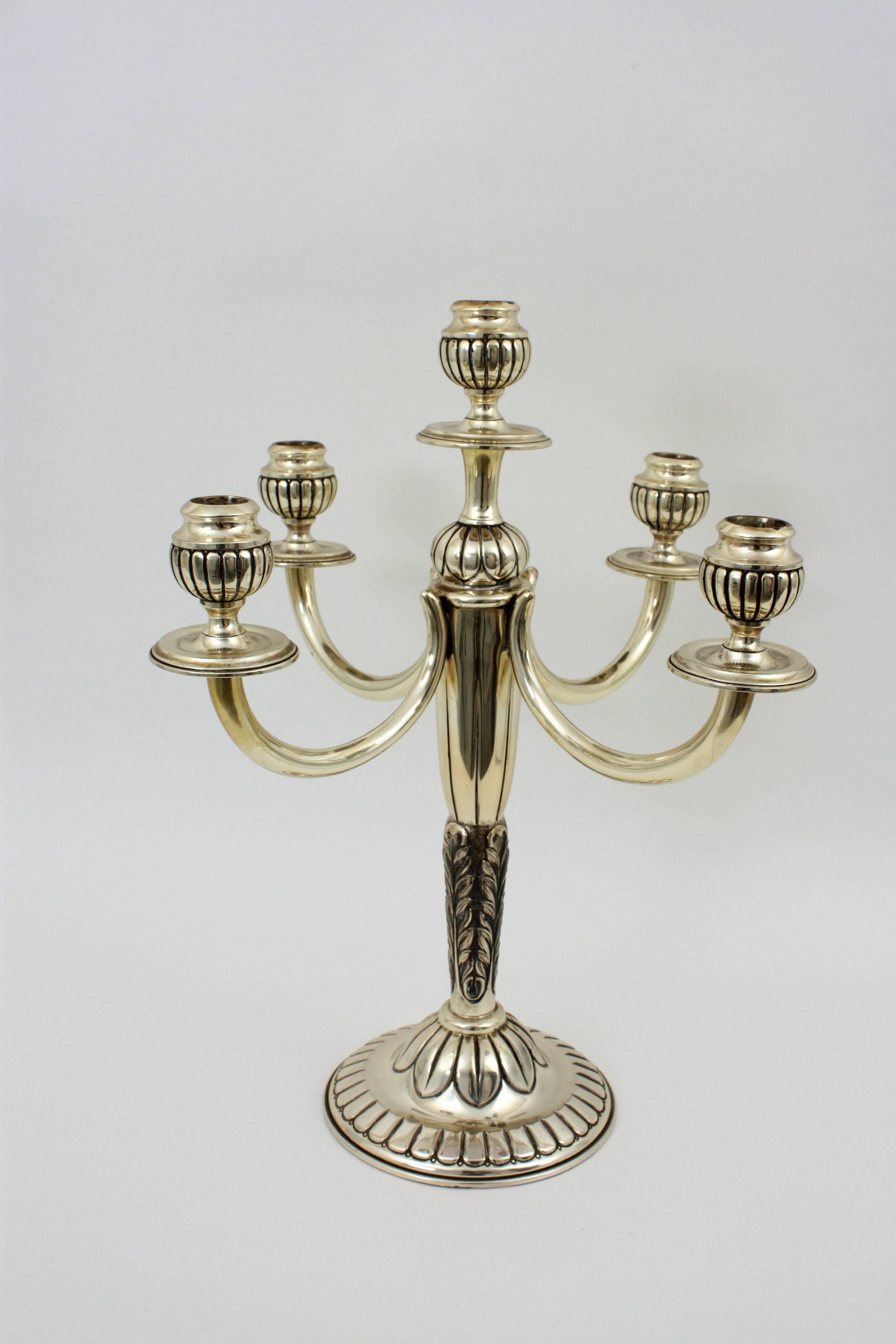 Mid-Century Modern Pair of Mid-20th Century Spanish Sterling Silver Five-Light Candelabra