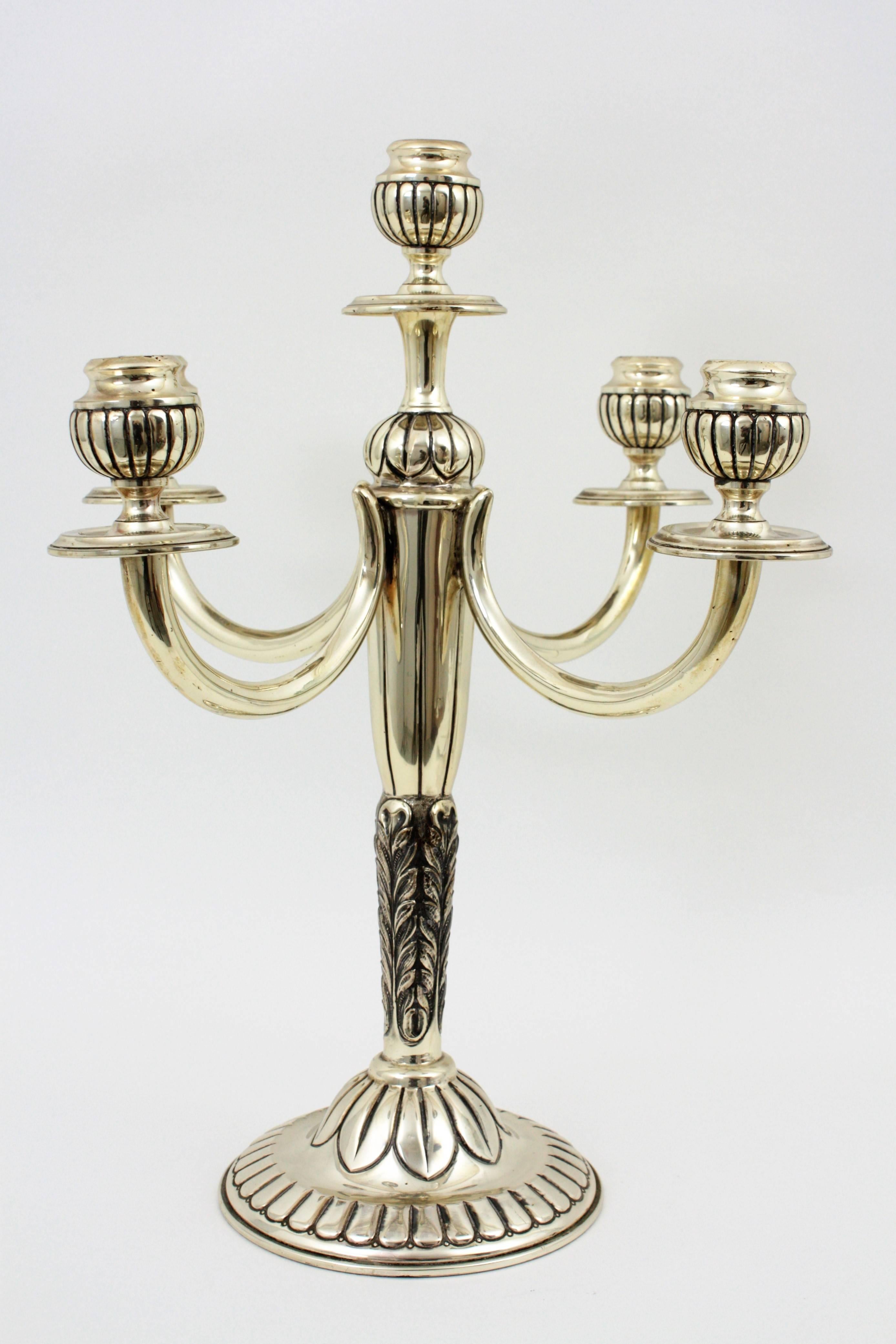 Pair of Mid-20th Century Spanish Sterling Silver Five-Light Candelabra In Excellent Condition In Barcelona, ES