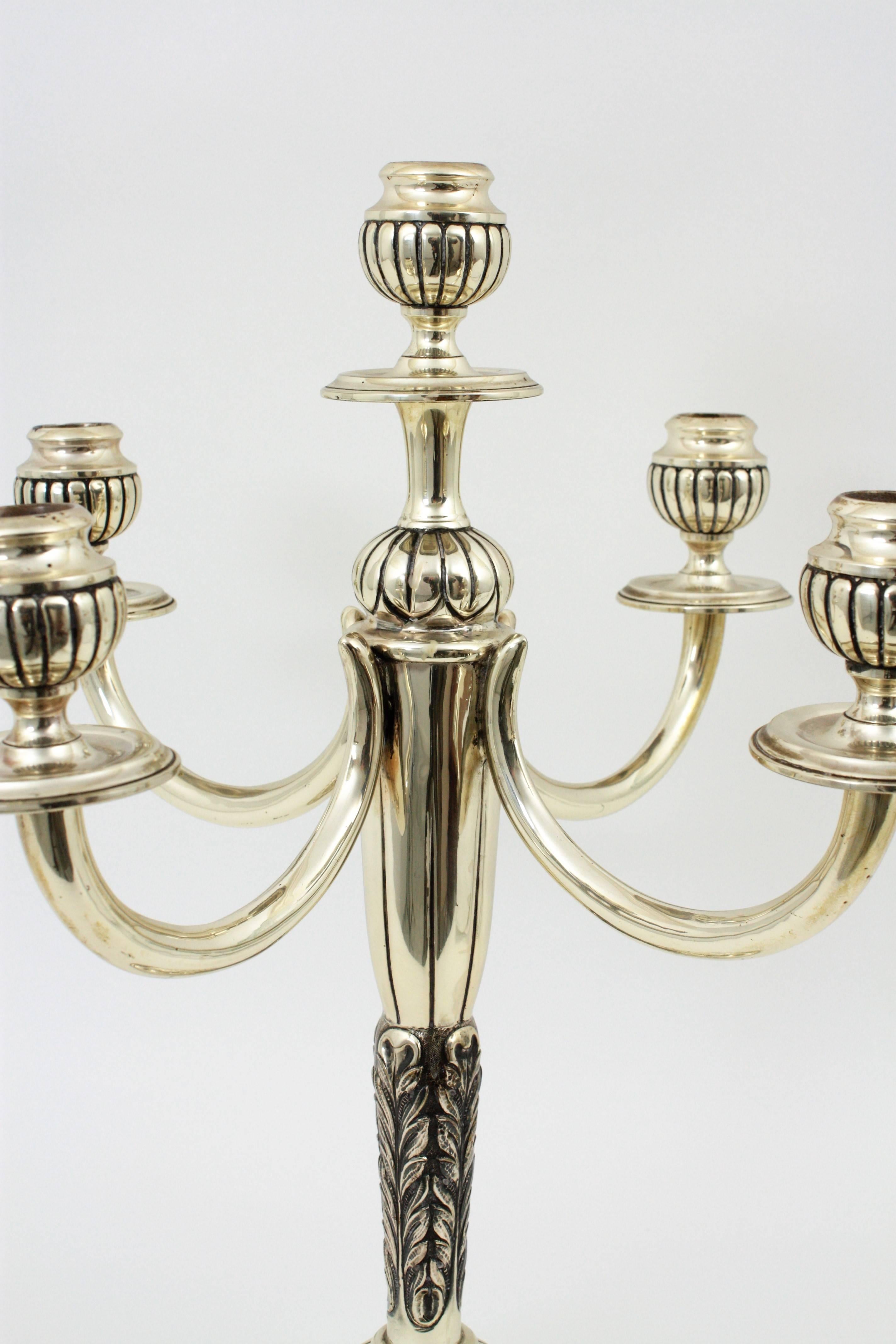 Pair of Mid-20th Century Spanish Sterling Silver Five-Light Candelabra 1