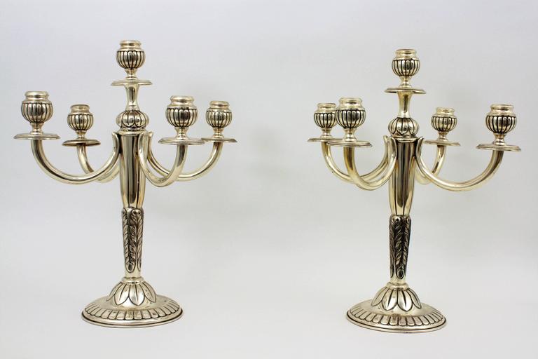 Pair of Mid20th Century Spanish Sterling Silver FiveLight Candelabra
