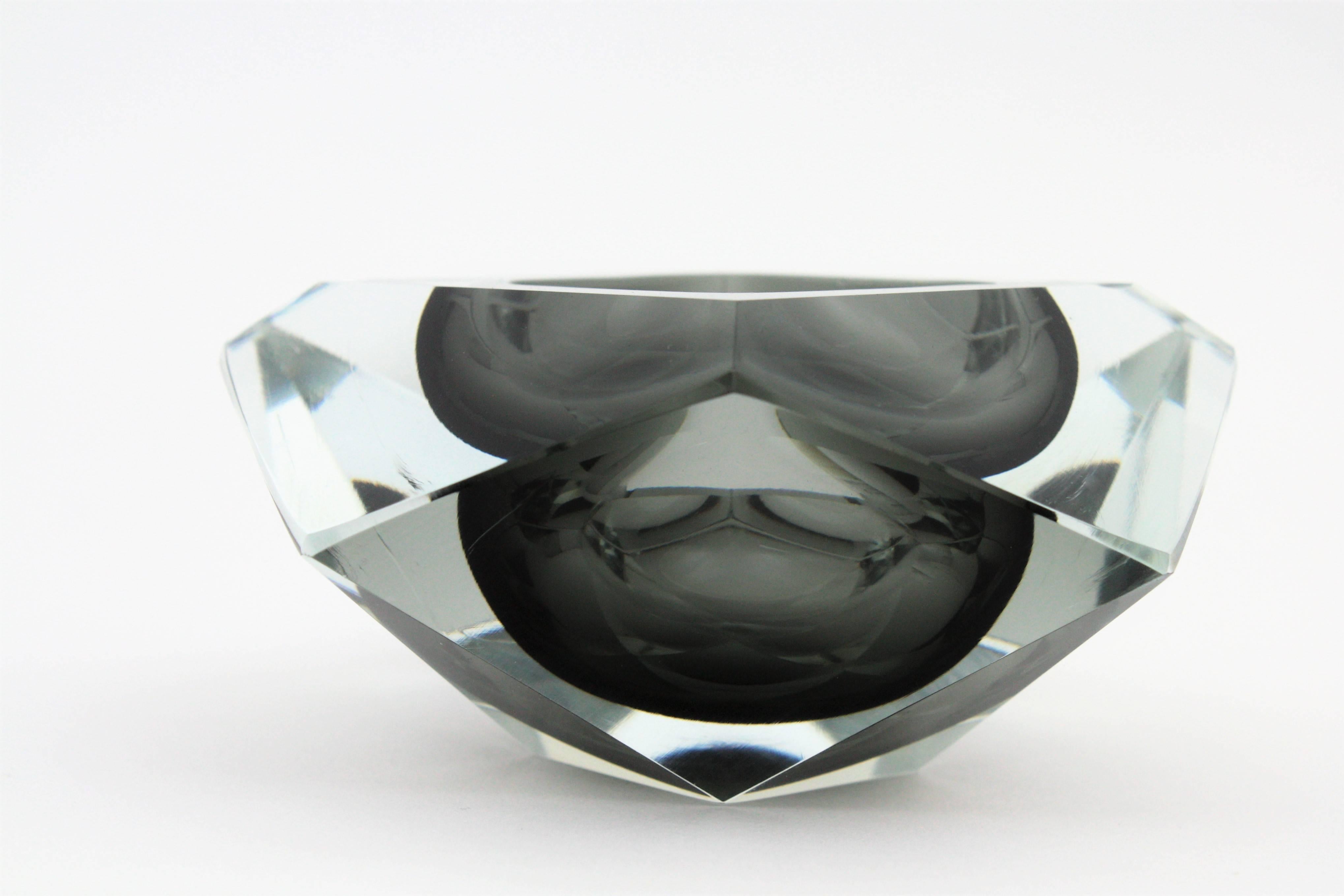 Italian Flavio Poli Smoked Grey and Clear Faceted Sommerso Murano Glass Ashtray