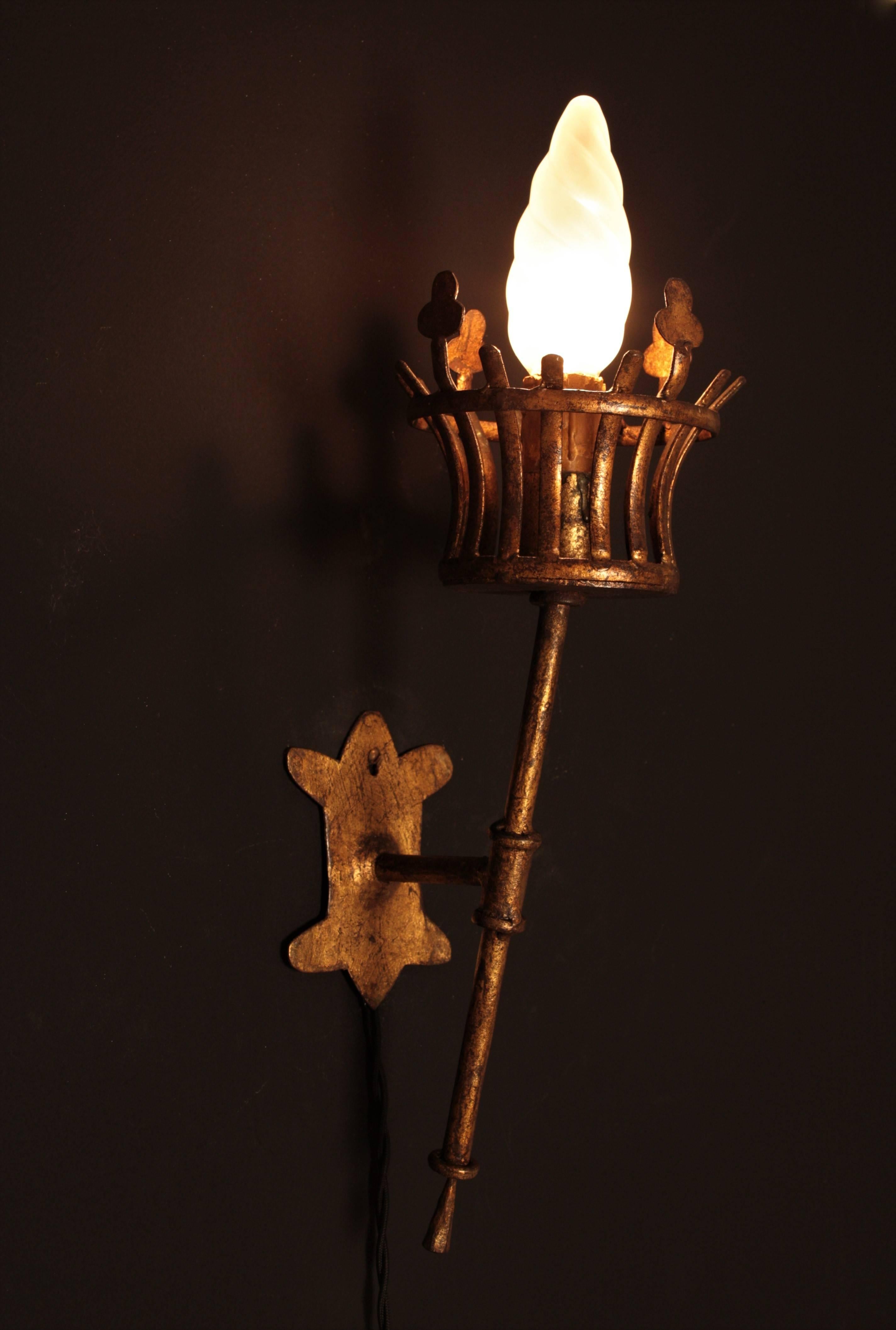 20th Century Pair of French Medieval Style Hand-Hammered Gilt Iron Torch Sconces