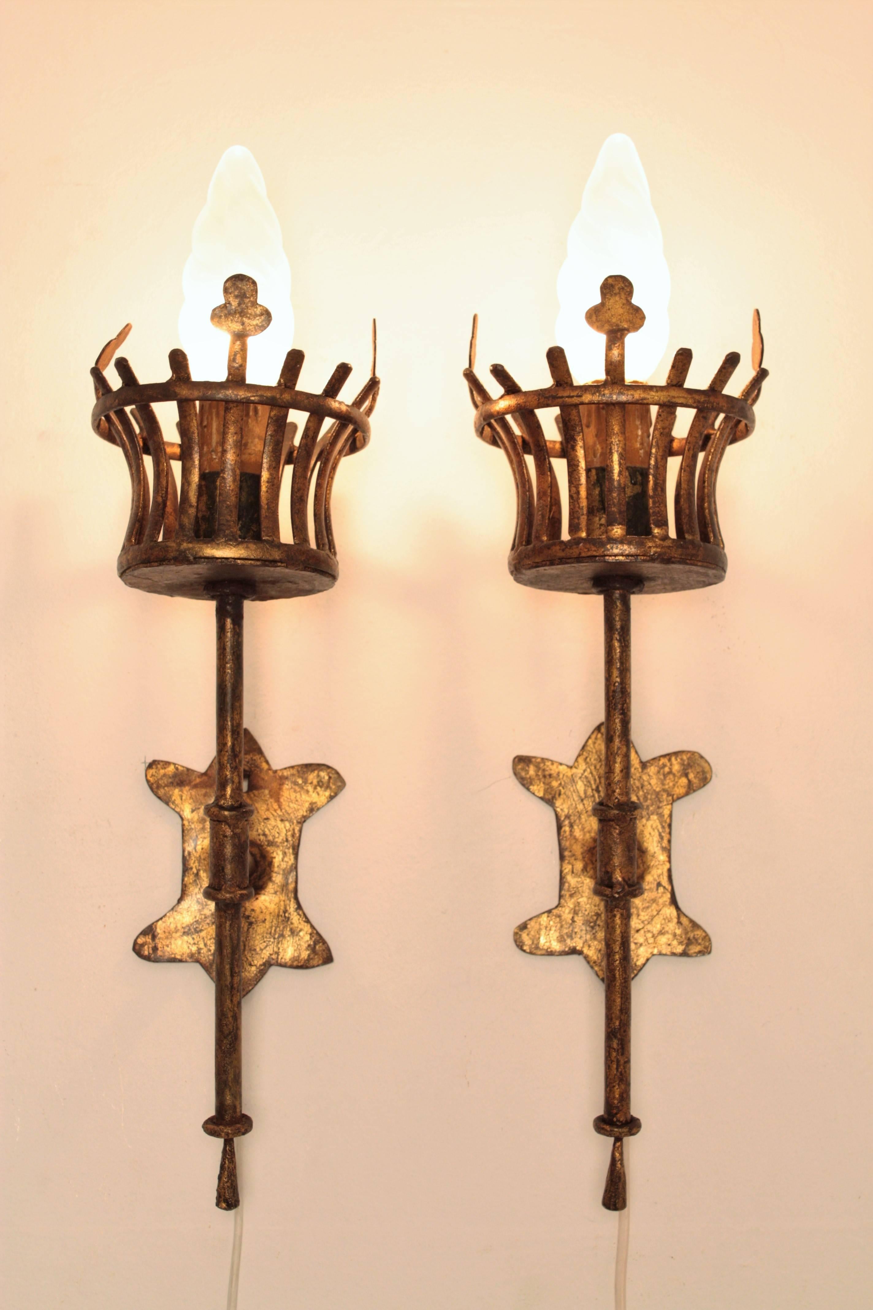 Pair of French Medieval Style Hand-Hammered Gilt Iron Torch Sconces 1