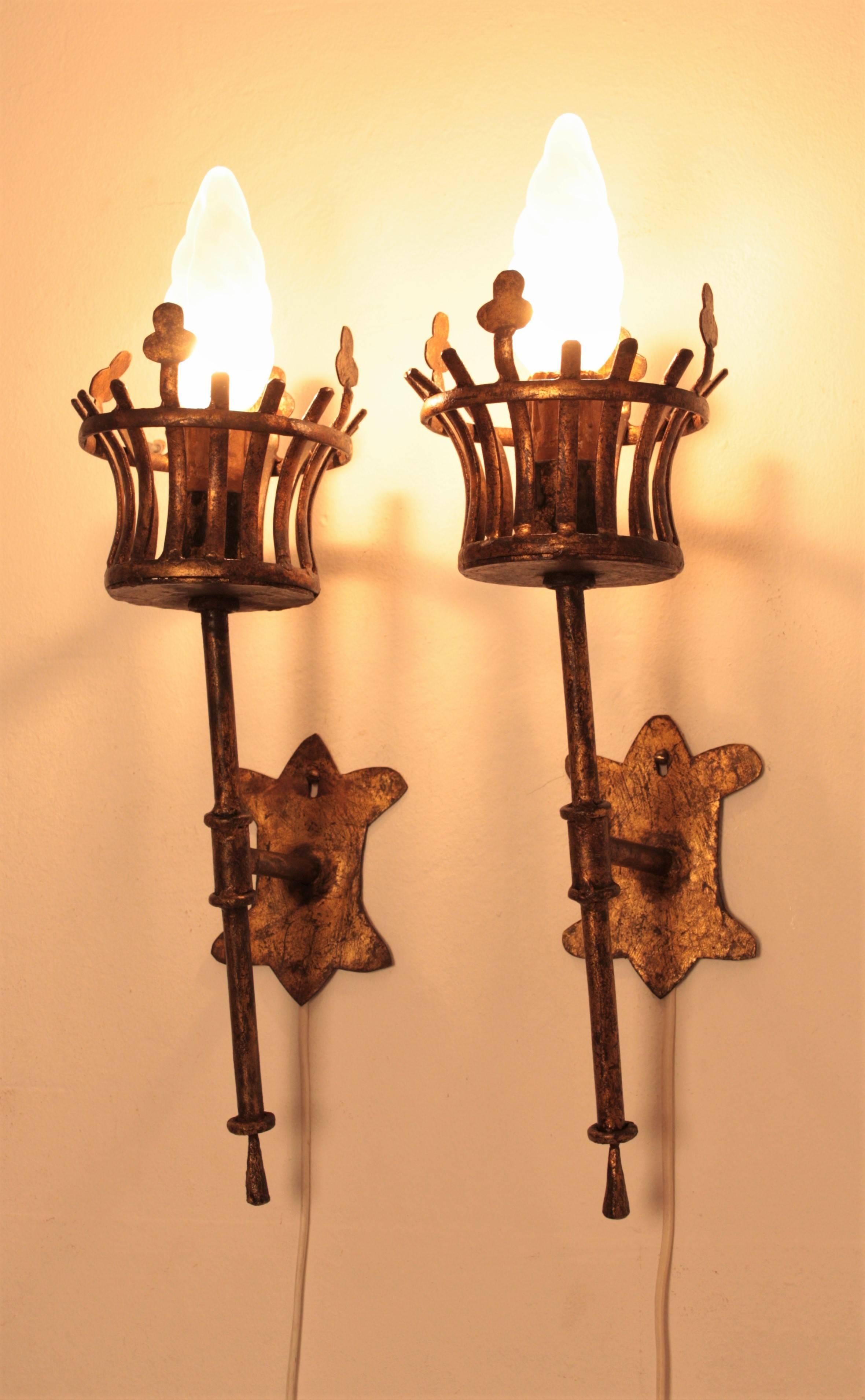 Pair of French Medieval Style Hand-Hammered Gilt Iron Torch Sconces 2