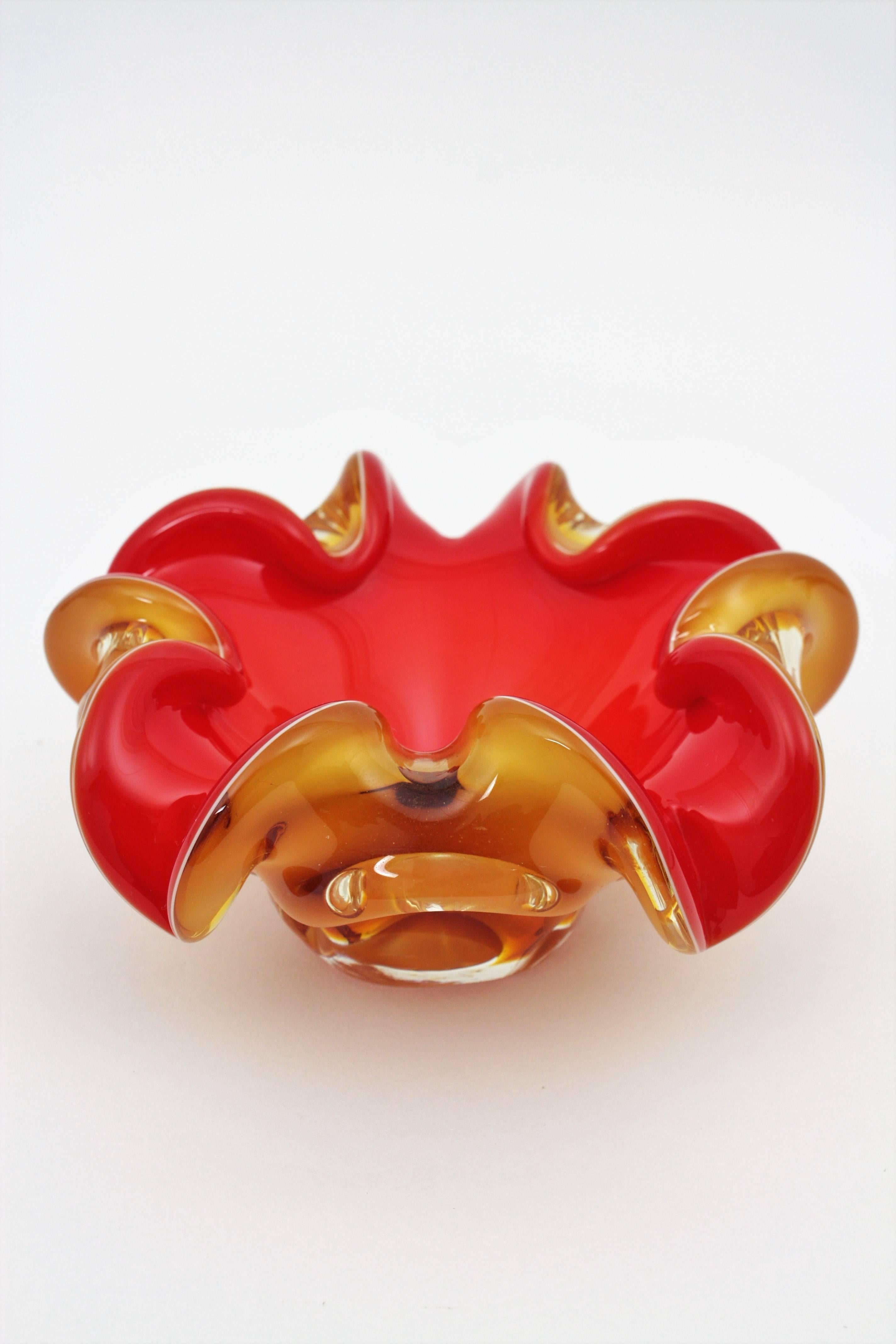Mid-Century Modern Red and Amber Sommerso Murano Glass Art Flower Bowl