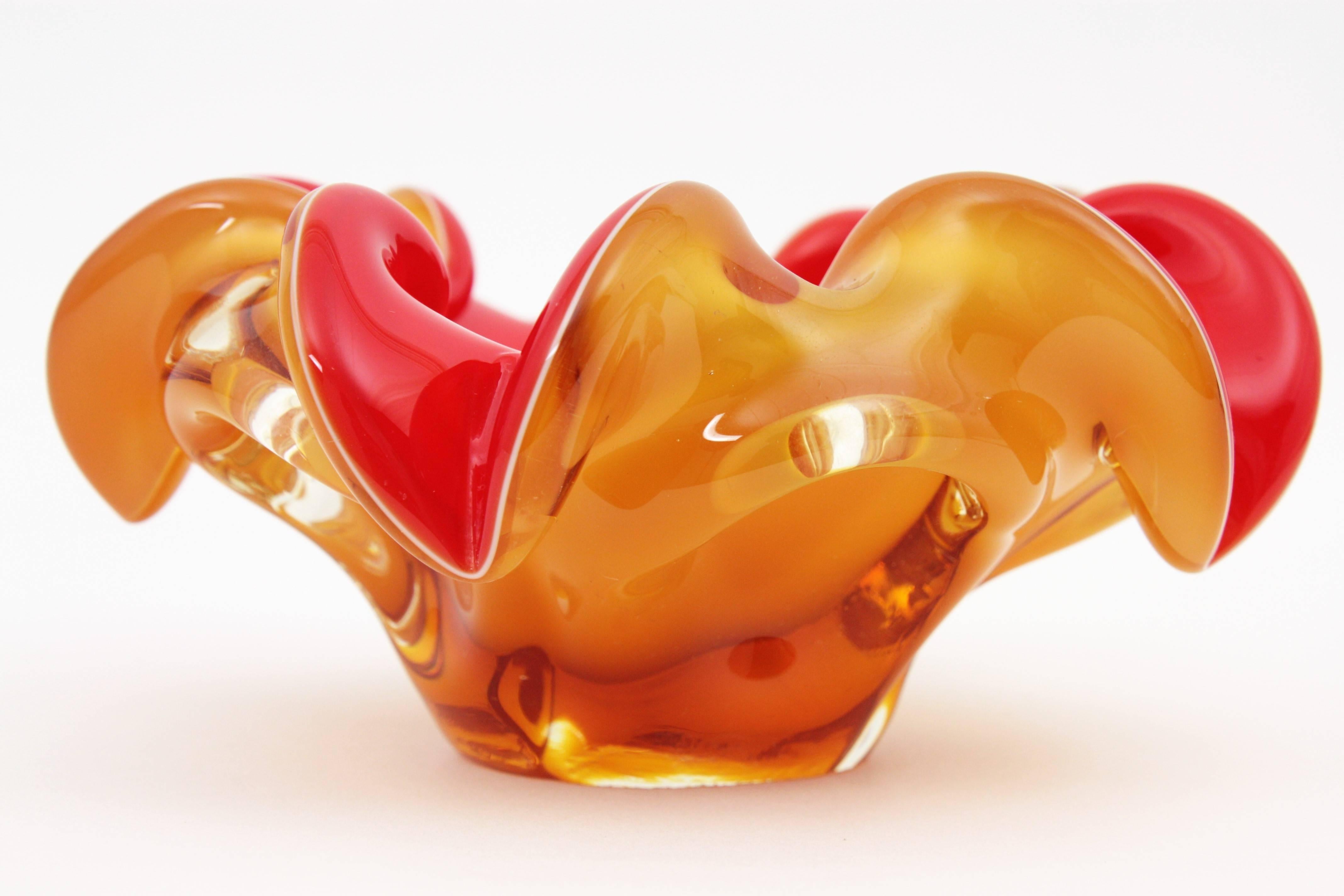 Italian Red and Amber Sommerso Murano Glass Art Flower Bowl