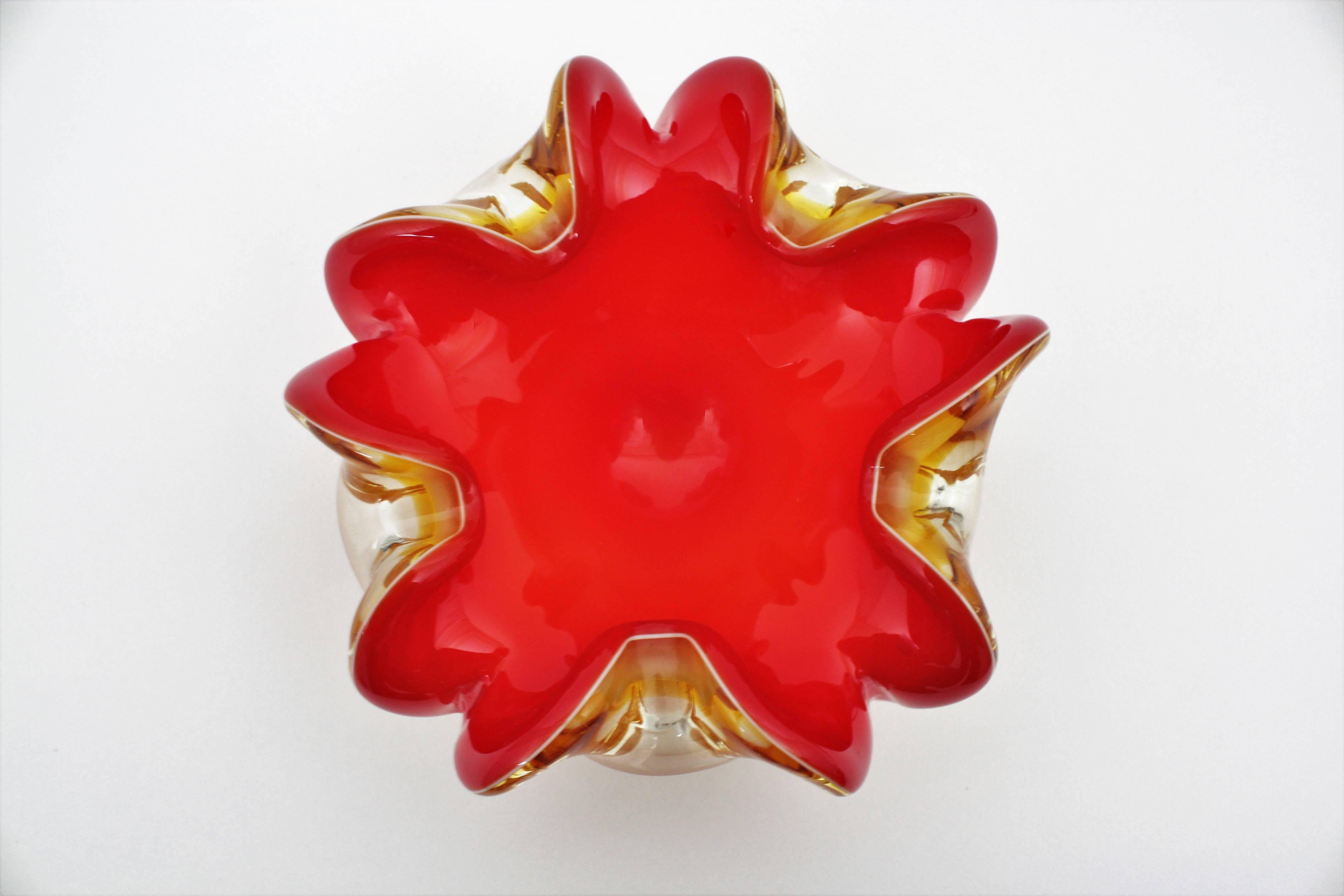 20th Century Red and Amber Sommerso Murano Glass Art Flower Bowl