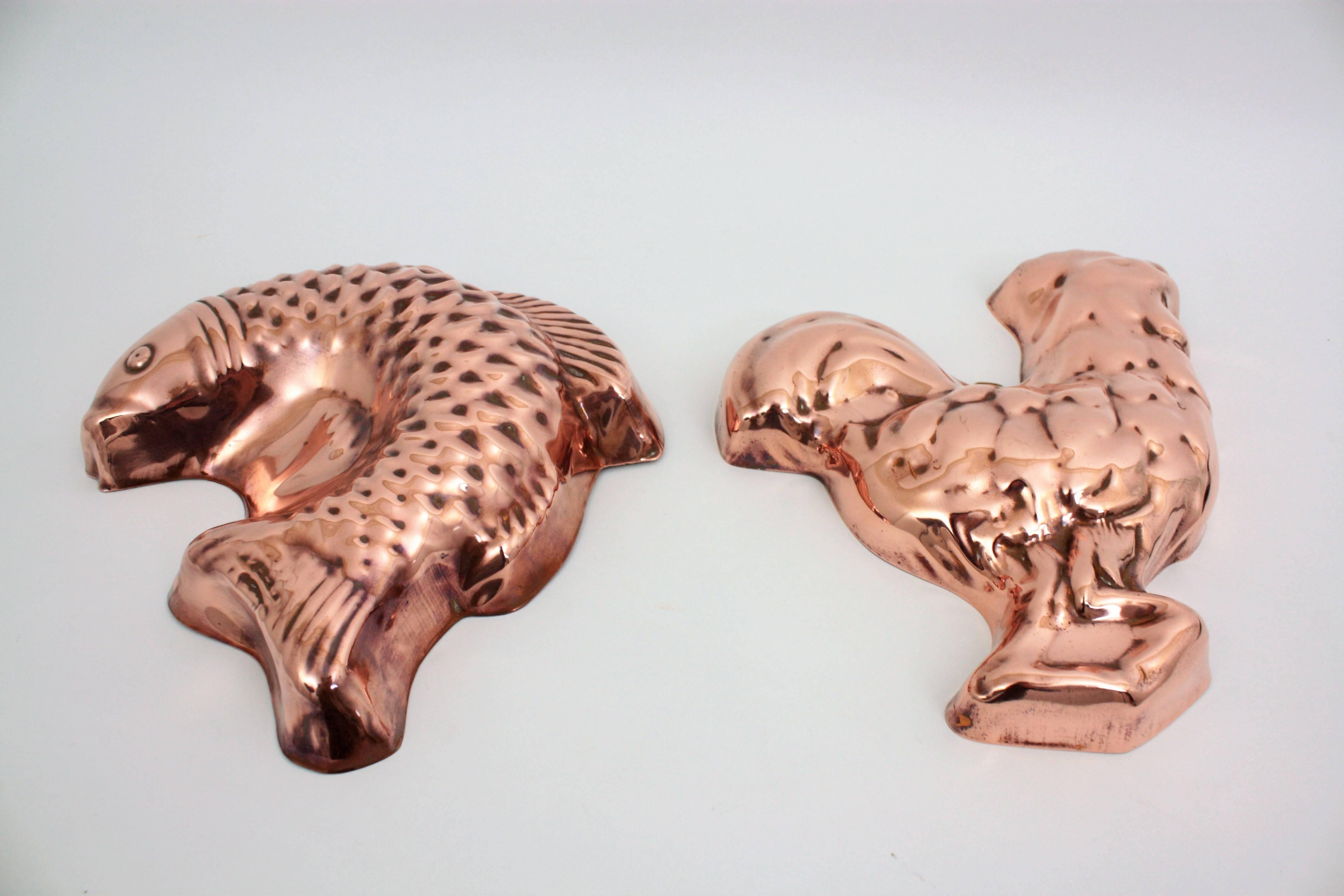 Rustic 1920s Set of Portuguese Fish and Cock Cake Copper Molds