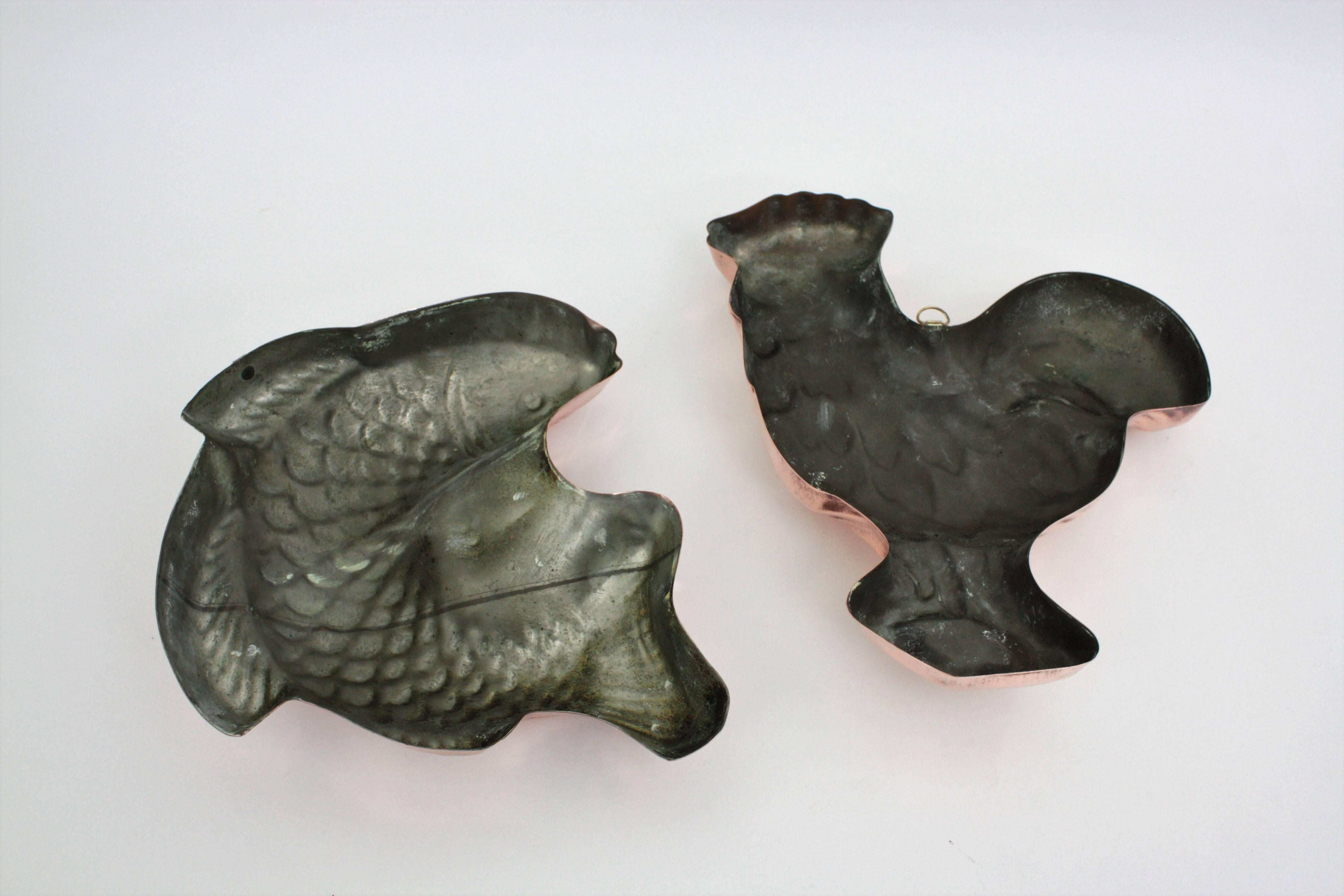 Early 20th Century 1920s Set of Portuguese Fish and Cock Cake Copper Molds