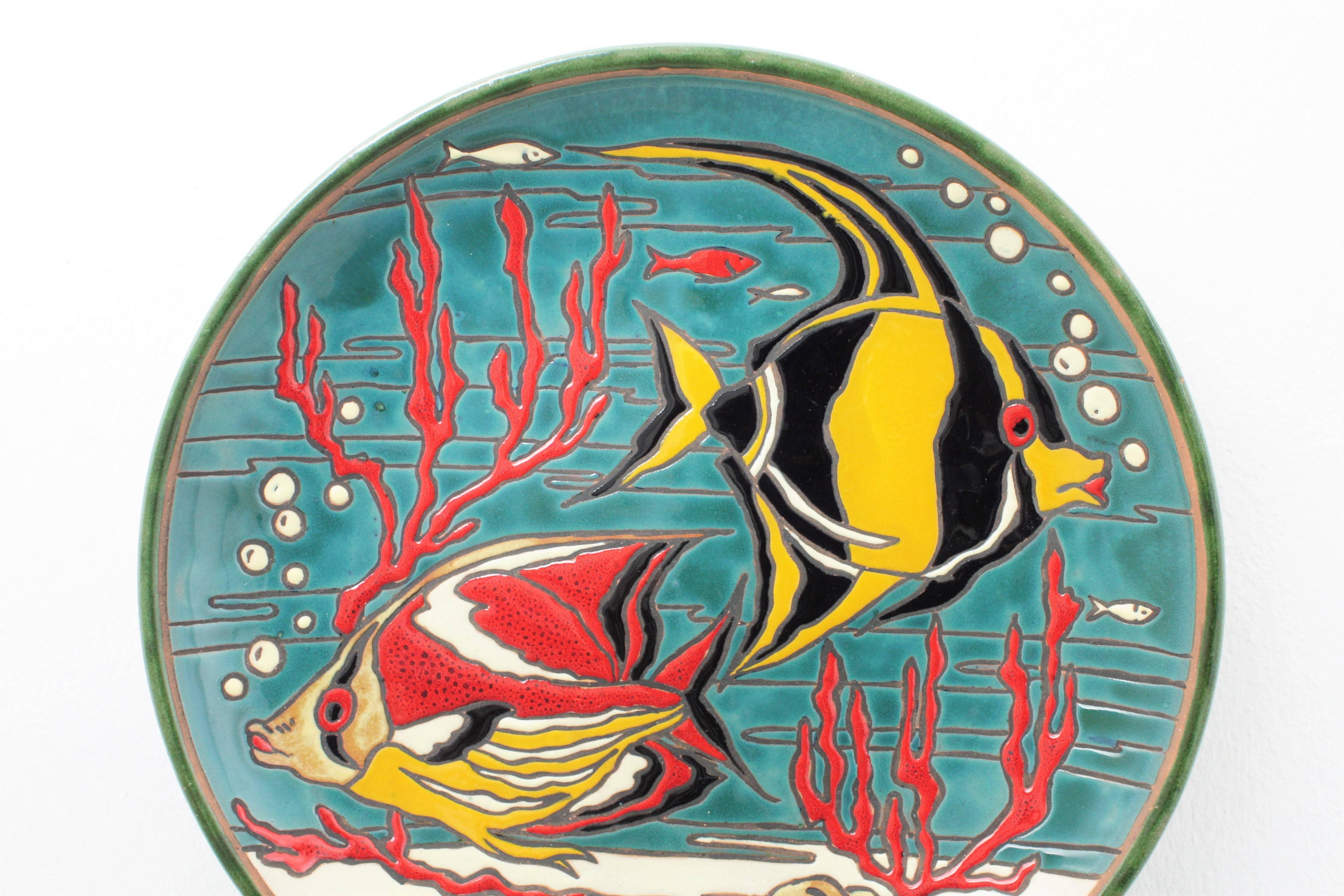 Mid-Century Modern Fishes Motif Ceramic Decorative Wall Plate, Spain, 1950s