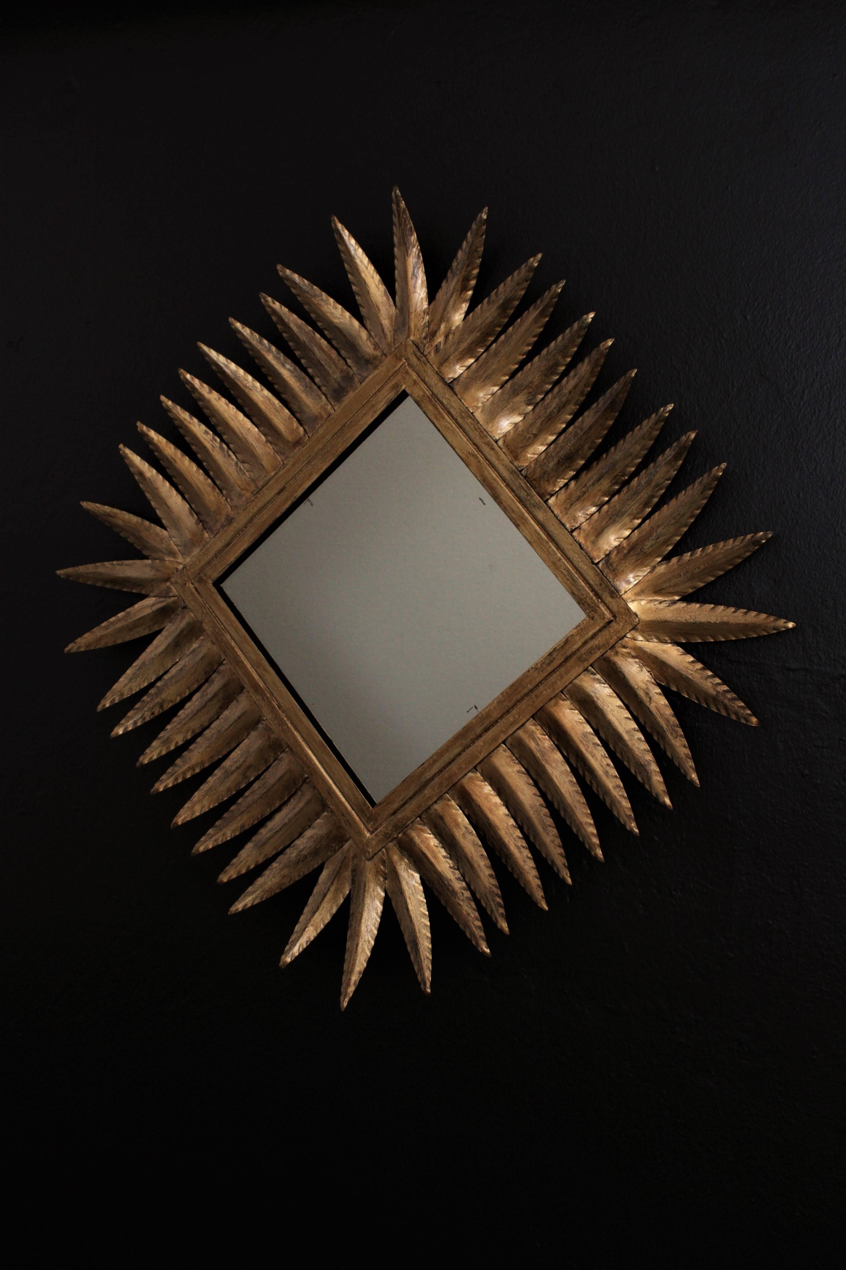 Hand-Crafted Spanish 1960s Hollywood Regency Style Gilt Iron Rhombus Sunburst Mirror