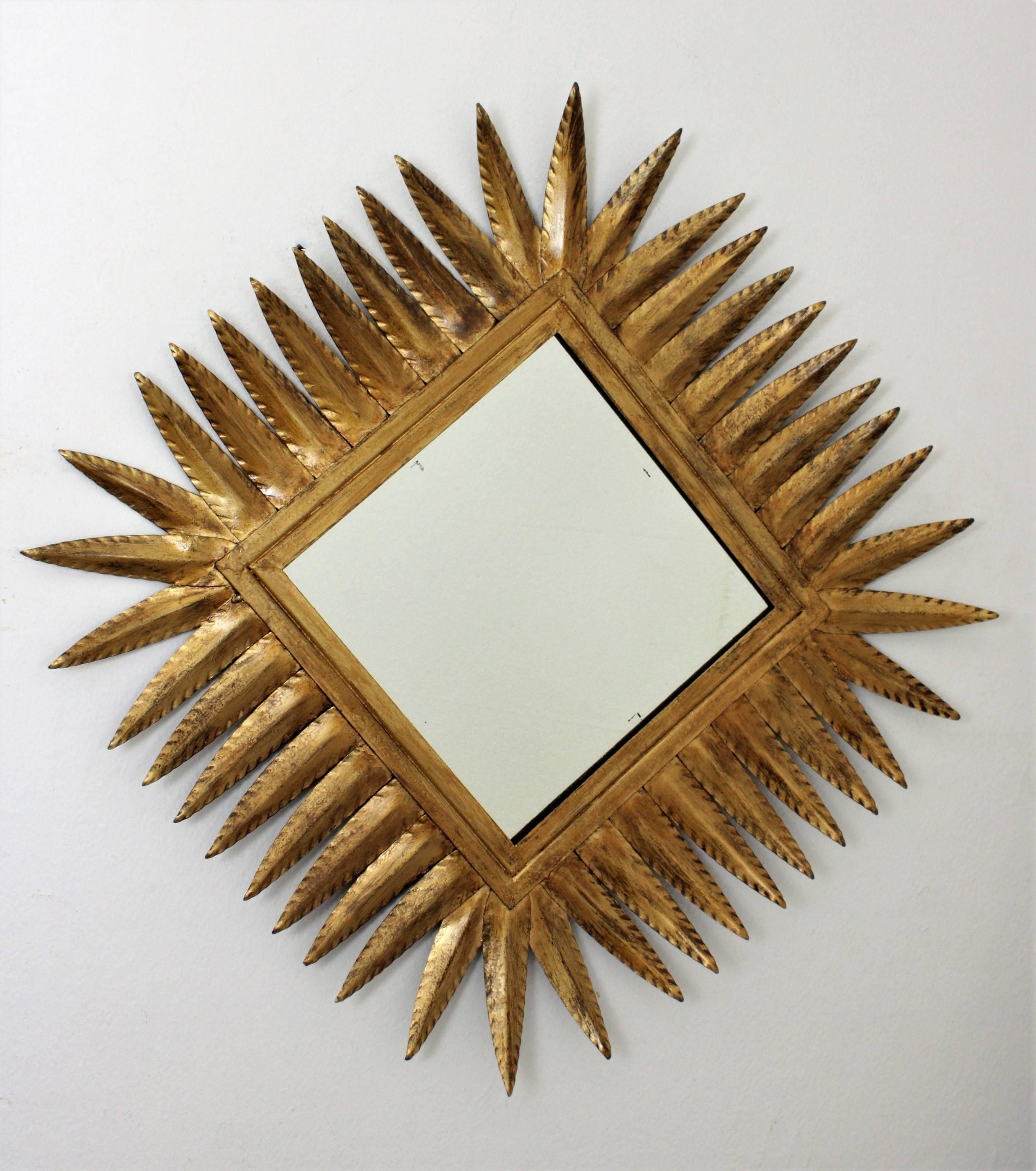 Spanish 1960s Hollywood Regency Style Gilt Iron Rhombus Sunburst Mirror 1