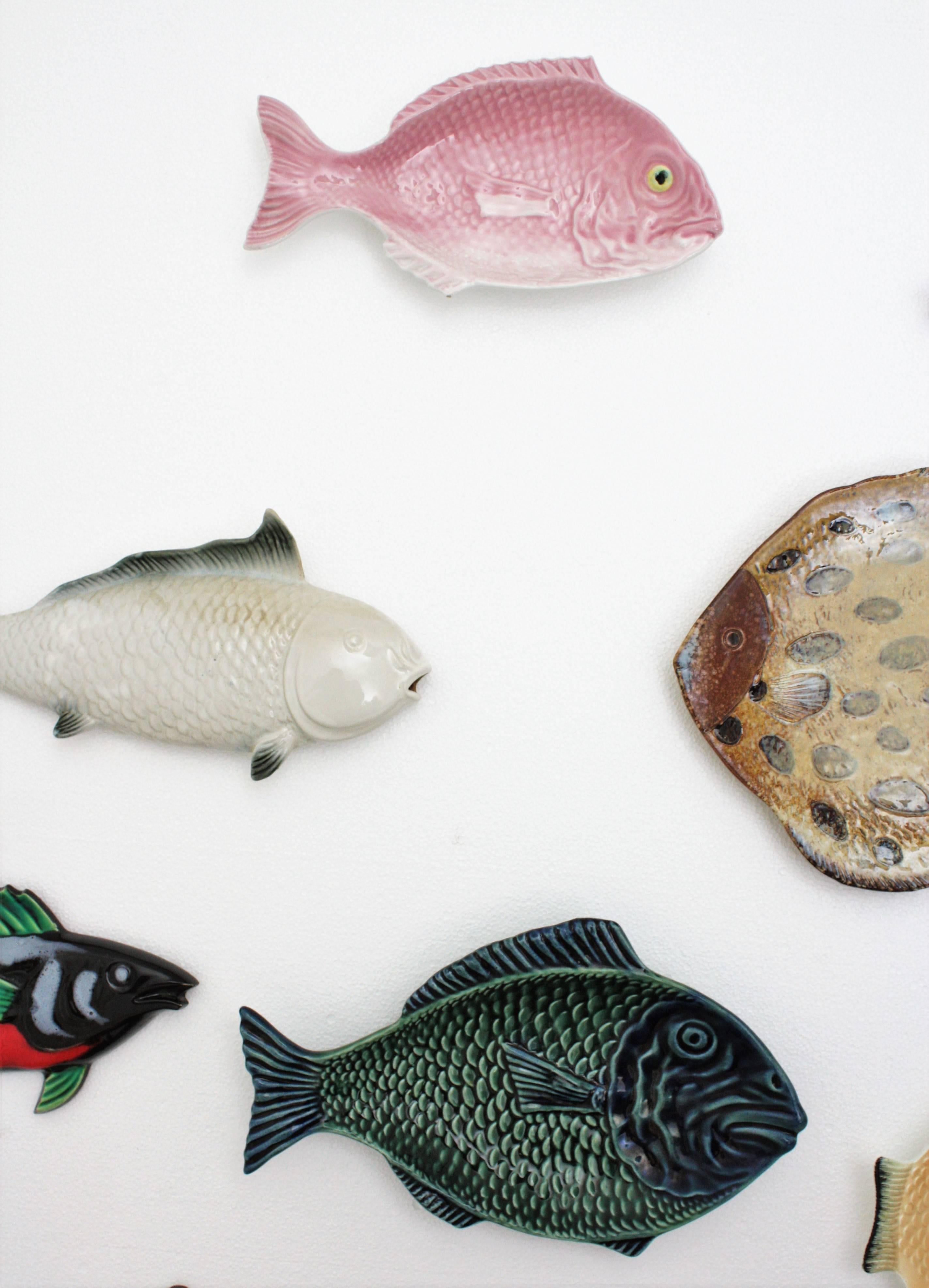 European Set of Nine Mid-Century Modern Ceramic and Porcelain Fishes Wall Decoration