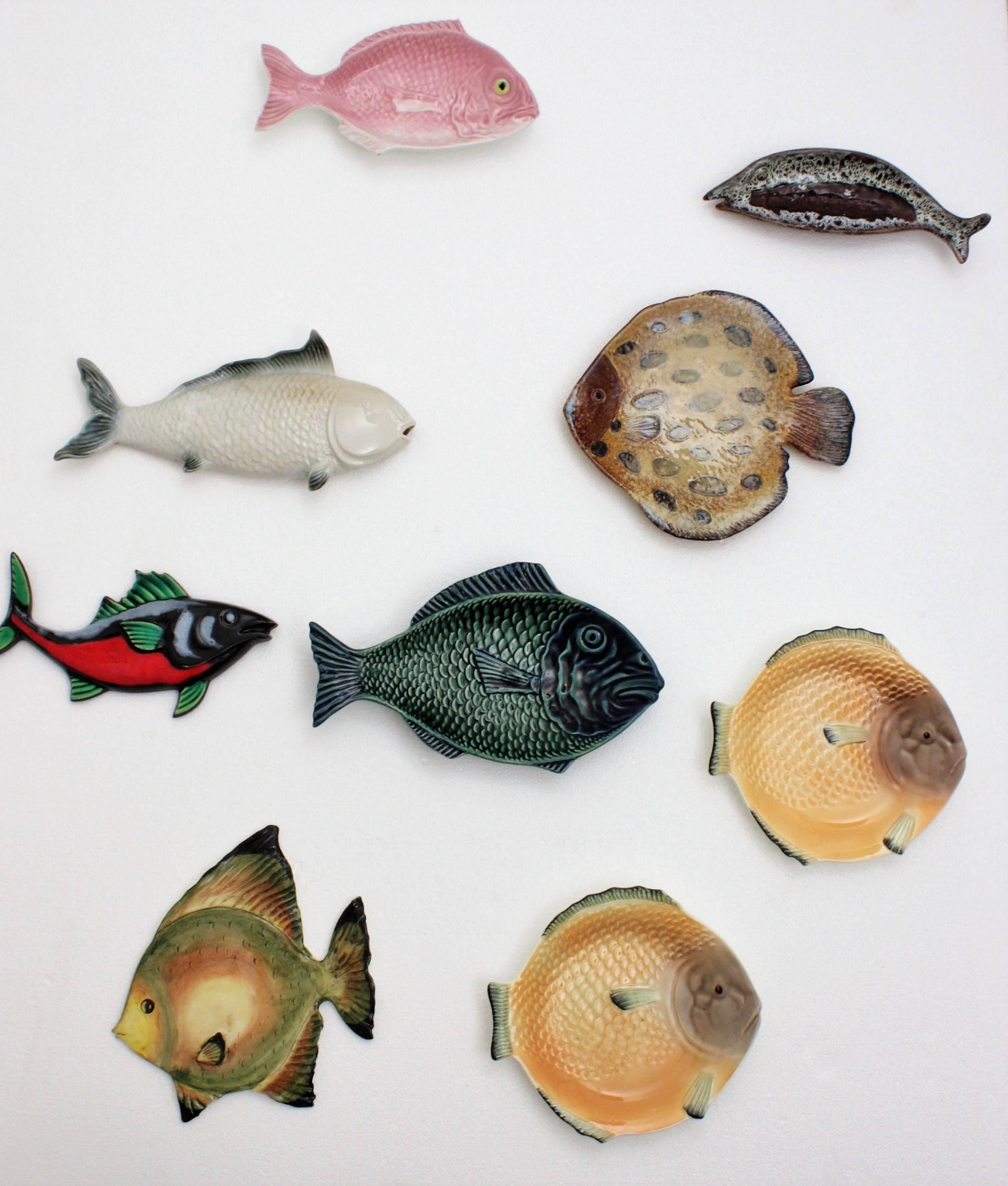 Hand-Painted Set of Nine Mid-Century Modern Ceramic and Porcelain Fishes Wall Decoration