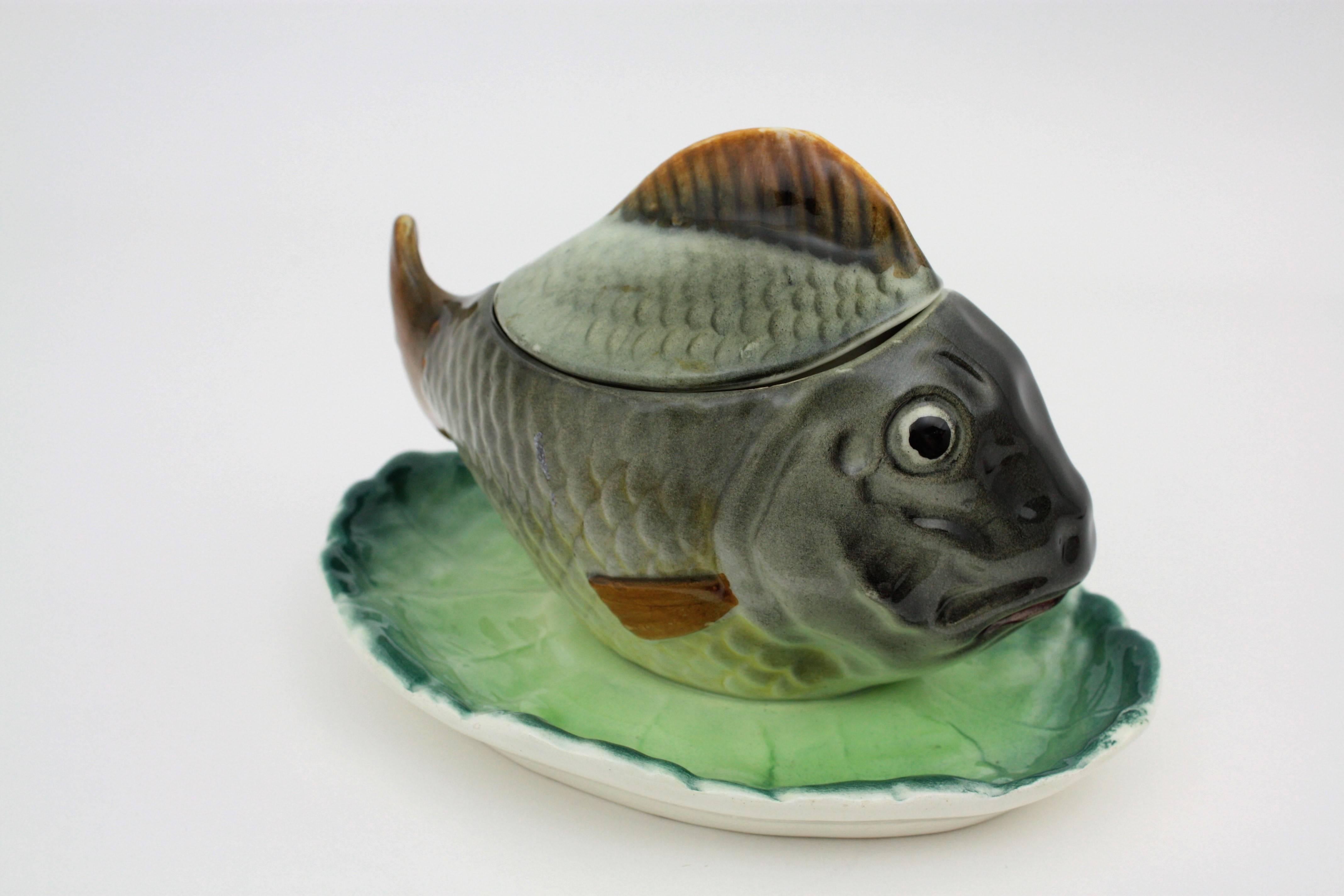 Mid-Century Modern Fish Shaped Ceramic Sauce Tureen by Hispania CH Lladró  For Sale
