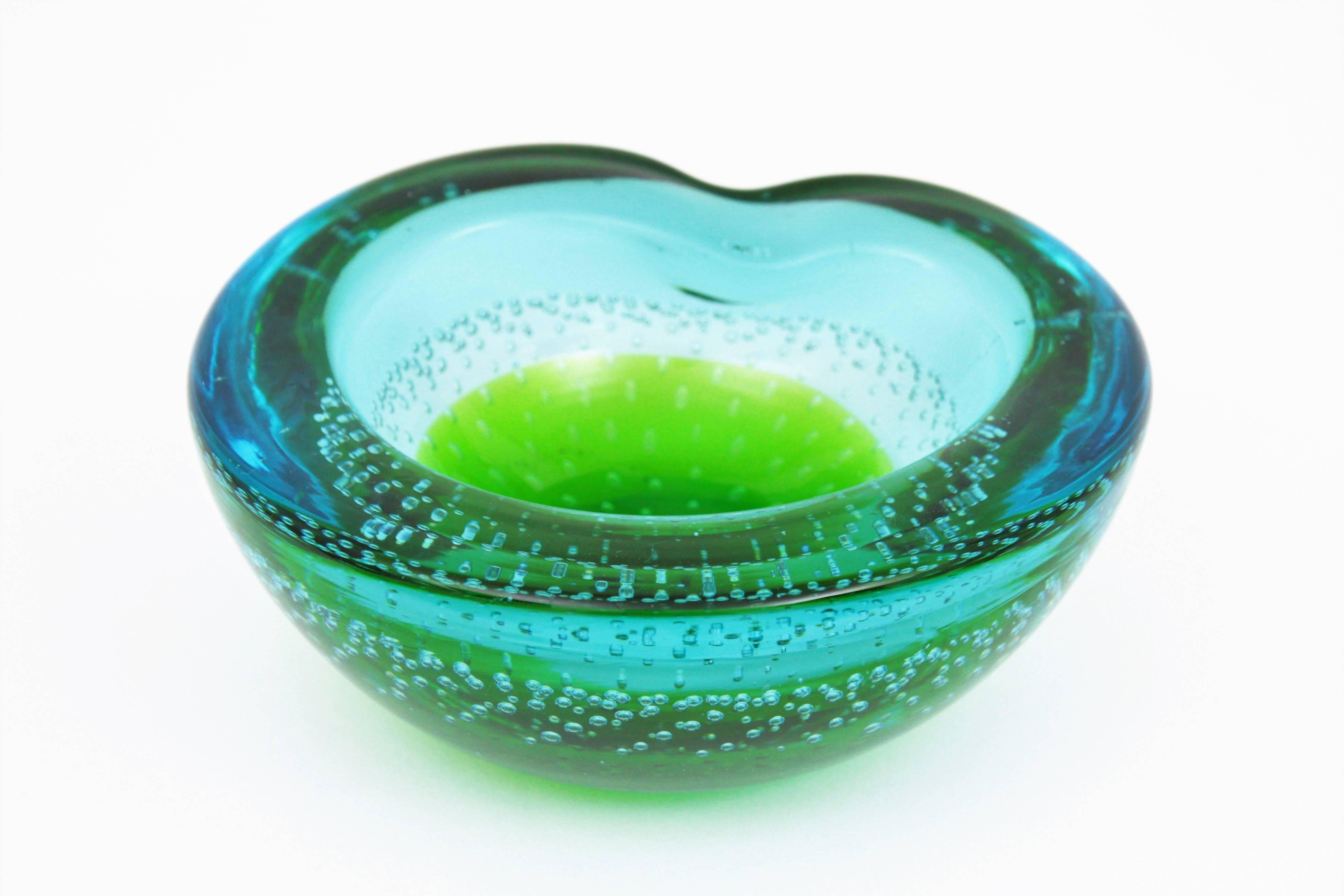 Italian Galliano Ferro Green and Blue Sommerso Bullicante Murano Glass Bowl or Ashtray