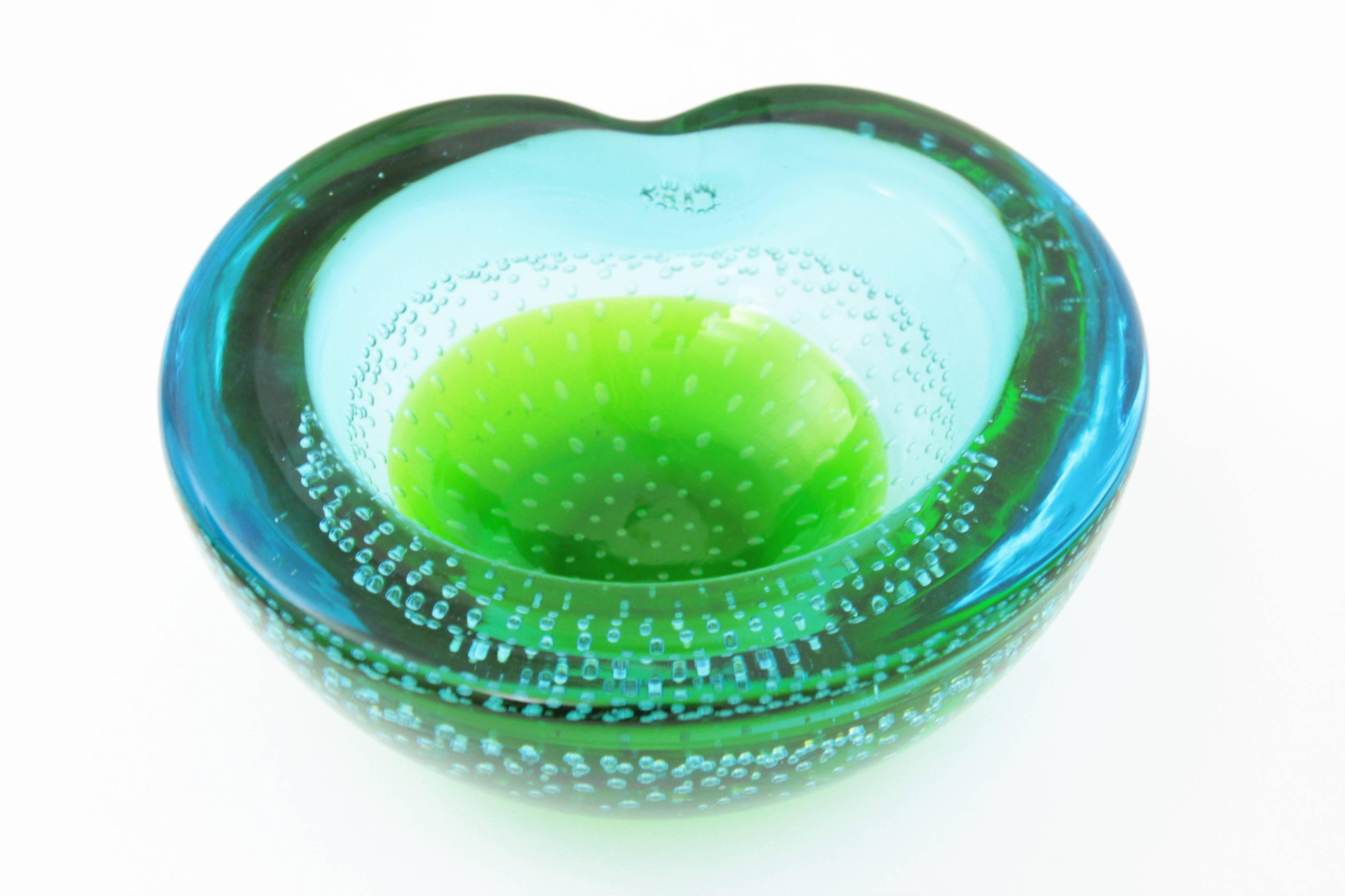 Galliano Ferro Green and Blue Sommerso Bullicante Murano Glass Bowl or Ashtray 1
