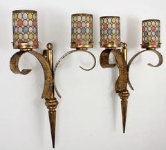 Pair of Huge Mid-Century Modern Gilt Iron Wall Lights with Colorful Glass Shades