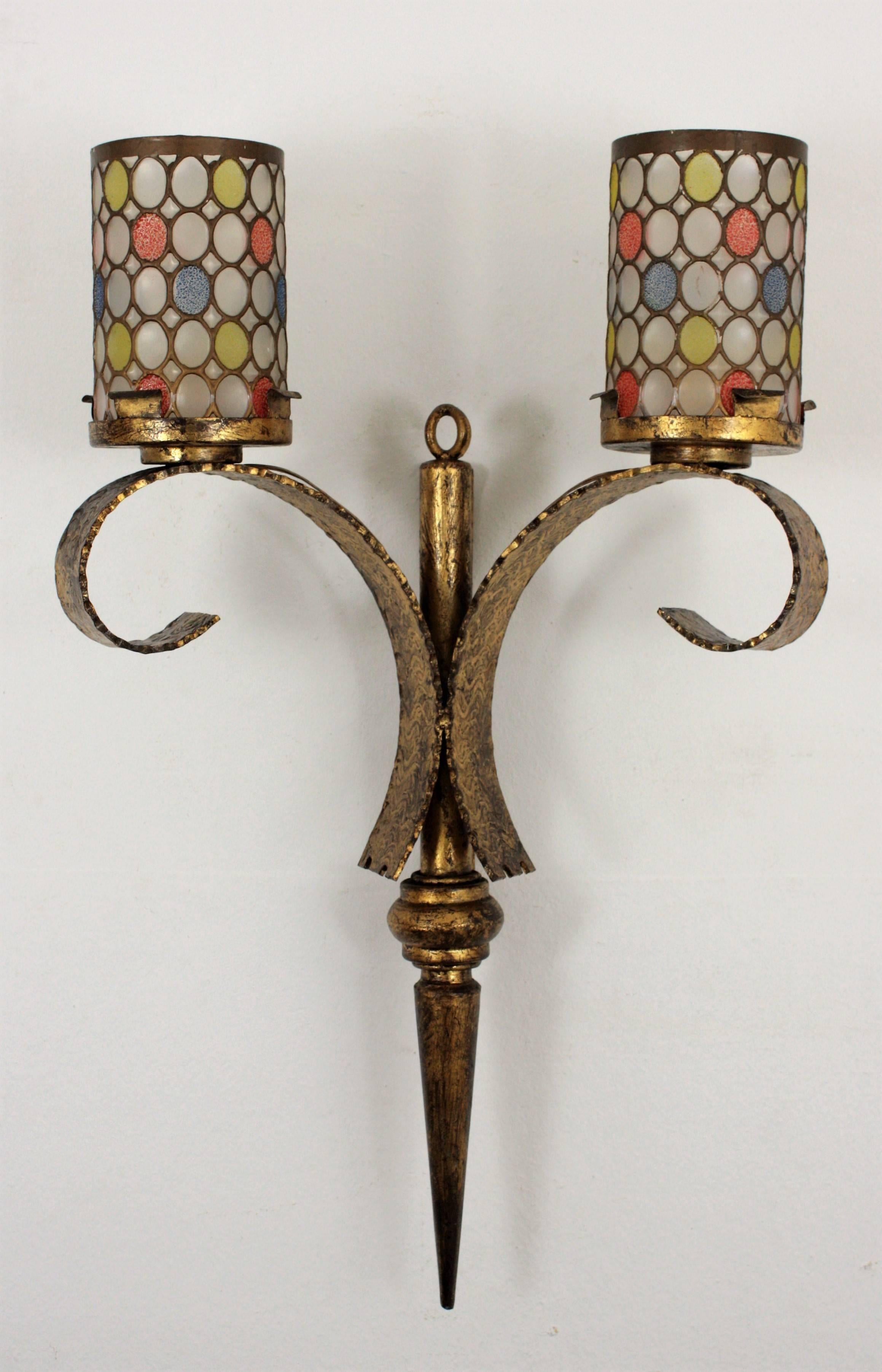 Spanish Pair of Huge Mid-Century Modern Gilt Iron Wall Lights with Colorful Glass Shades