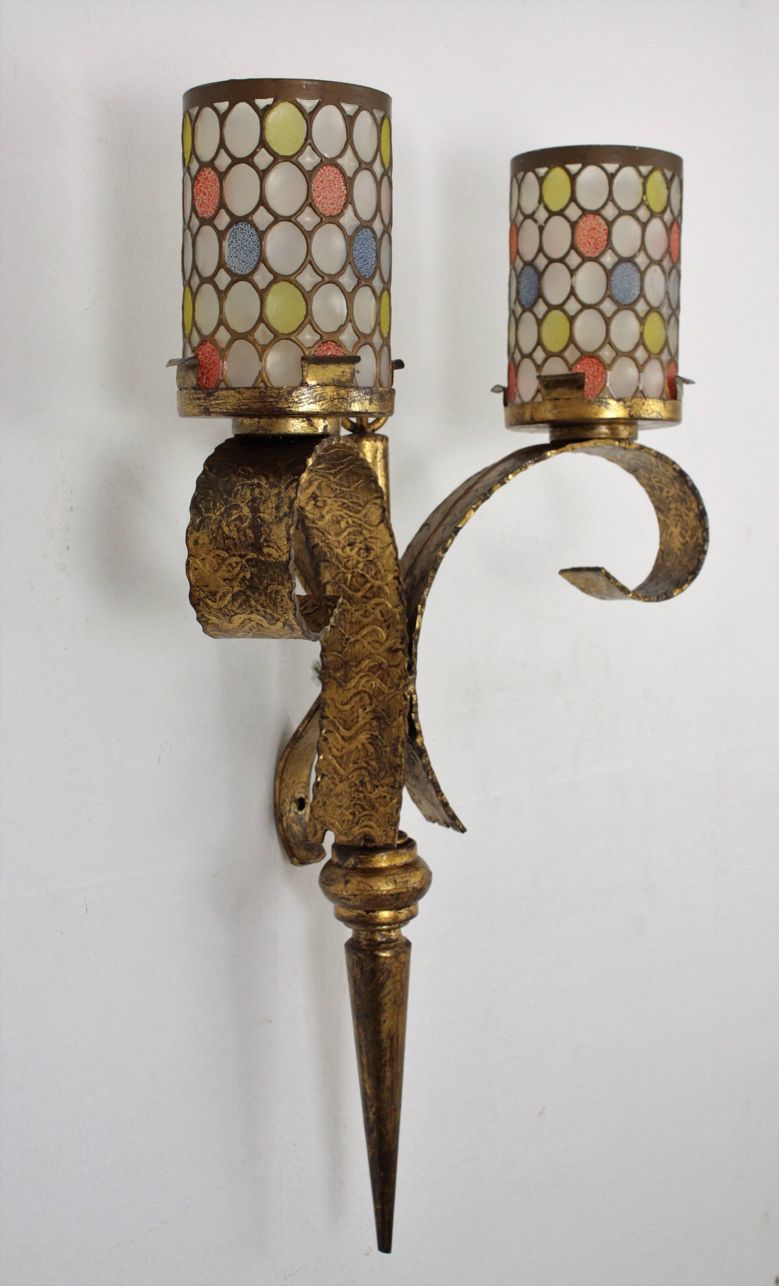 Hammered Pair of Huge Mid-Century Modern Gilt Iron Wall Lights with Colorful Glass Shades