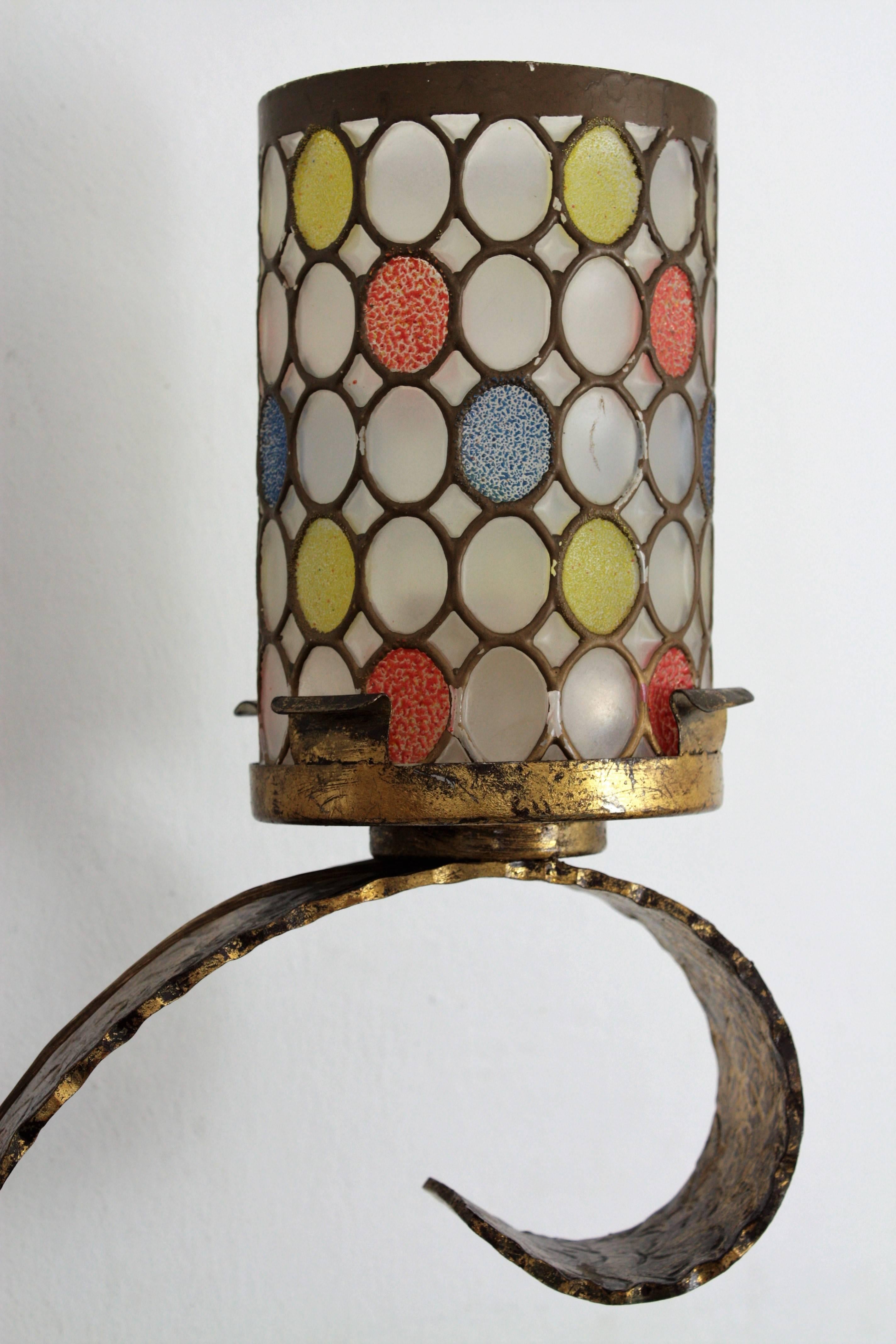 Pair of Huge Mid-Century Modern Gilt Iron Wall Lights with Colorful Glass Shades In Excellent Condition In Barcelona, ES