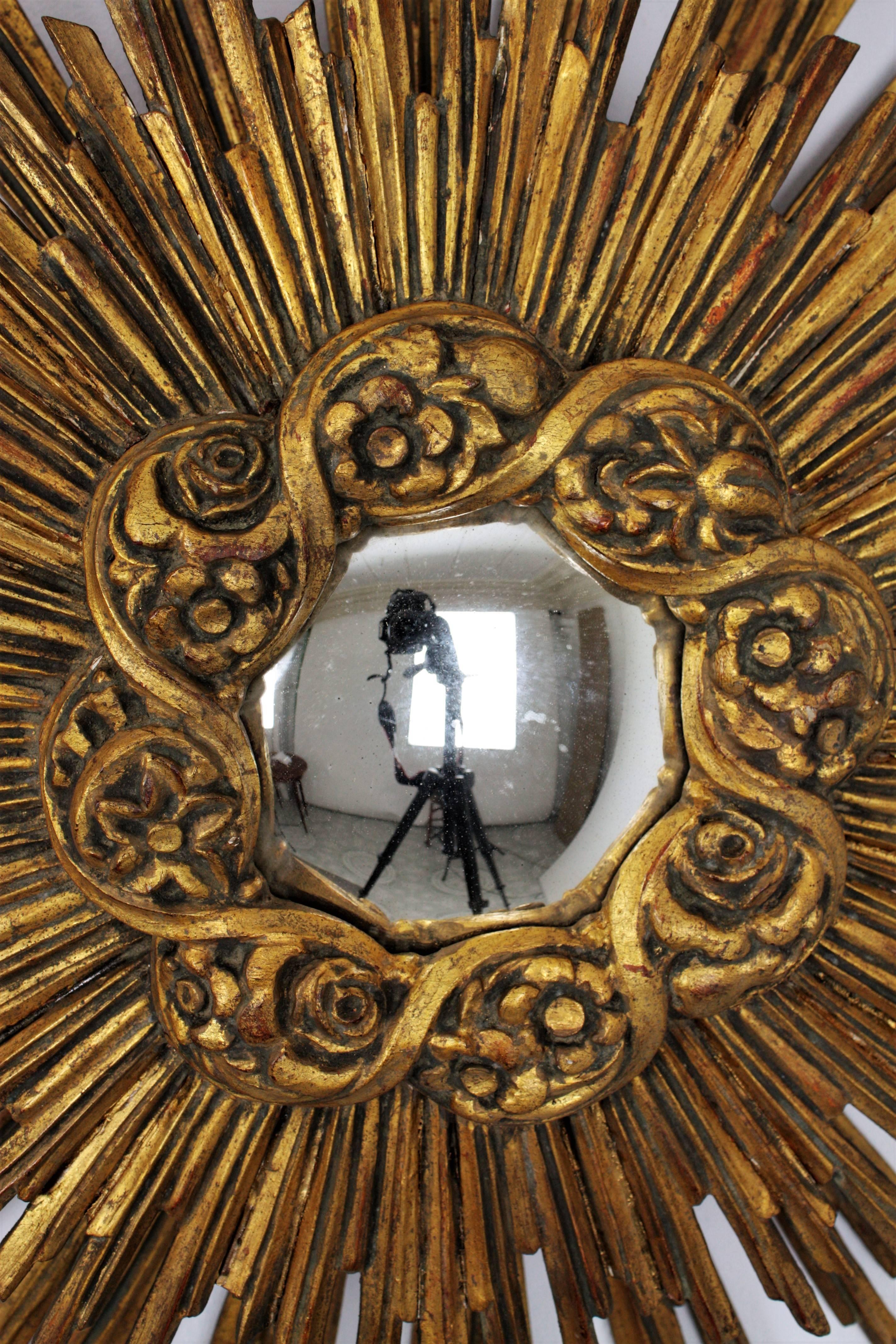 Gold Huge Baroque Style Convex Giltwood Sunburst Mirror or Light Fixture, Spain, 1930