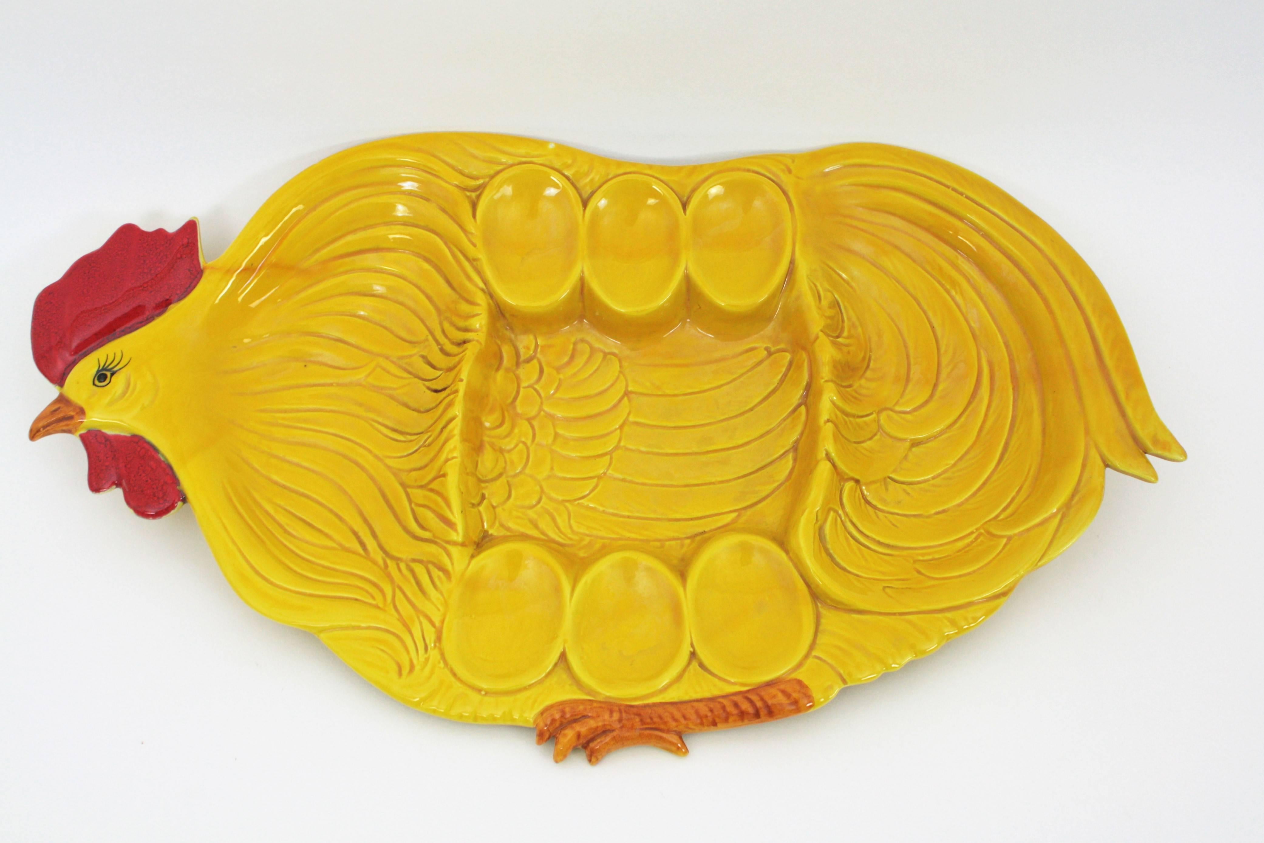 Italian Vintage Majolica Glazed Ceramic Chicken Egg Platter, Italy, 1950s