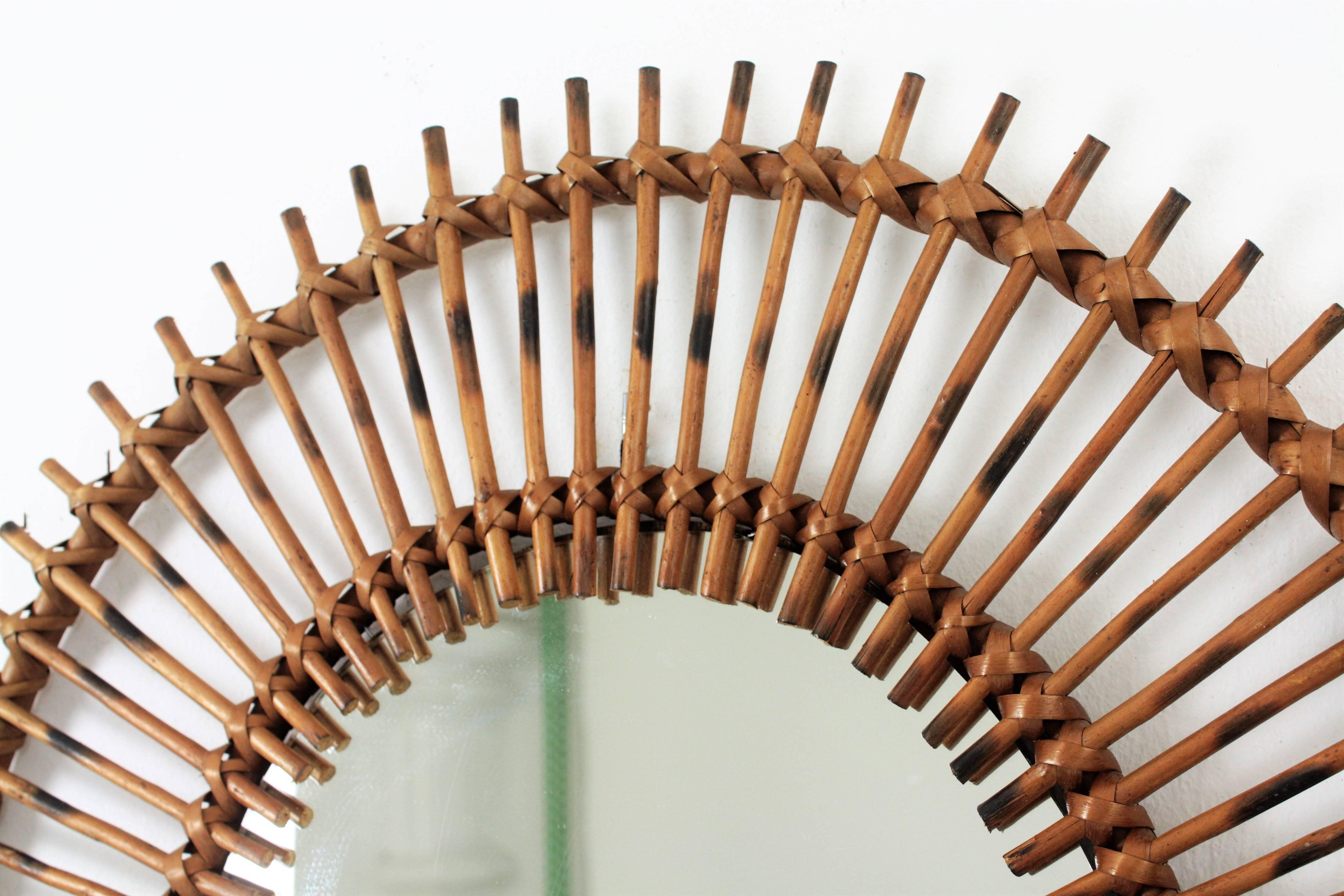 Oval Mid-Century Modern Spanish Rattan Sunburst Mirror In Excellent Condition In Barcelona, ES