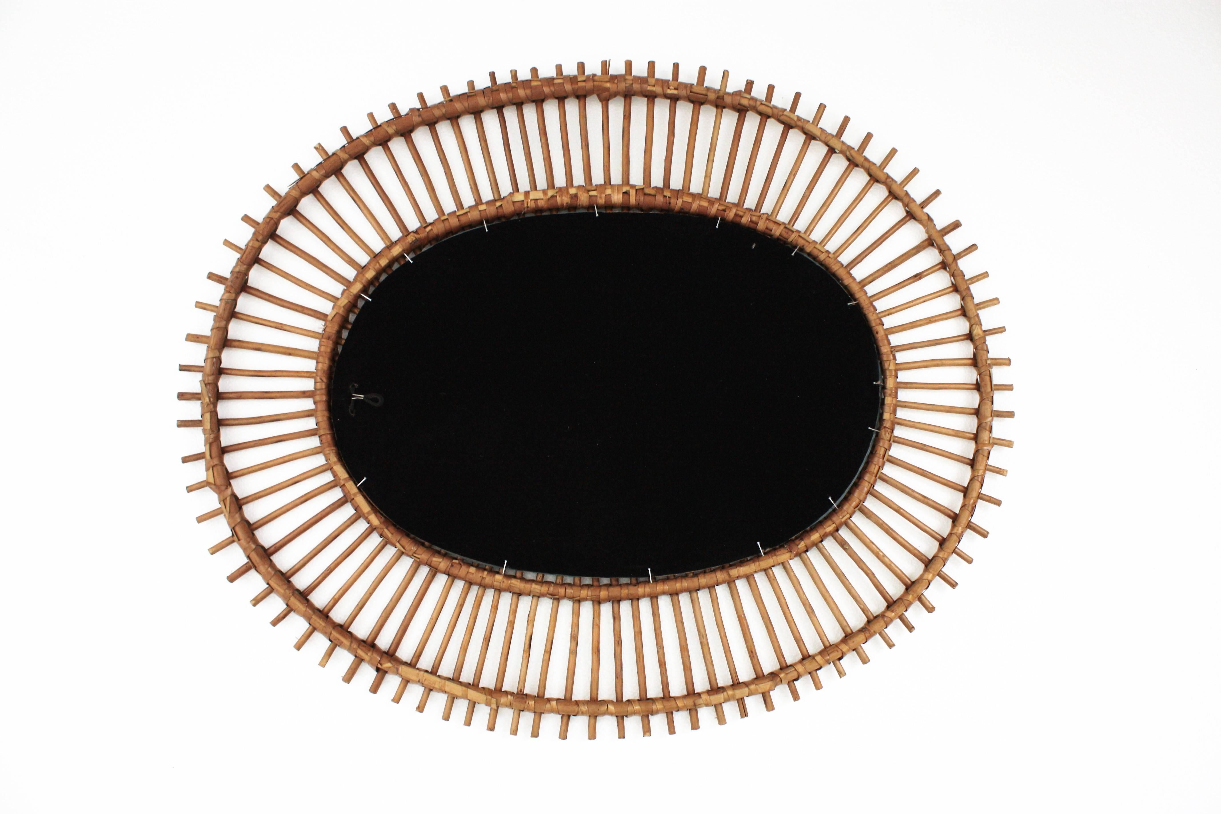Wicker Oval Mid-Century Modern Spanish Rattan Sunburst Mirror