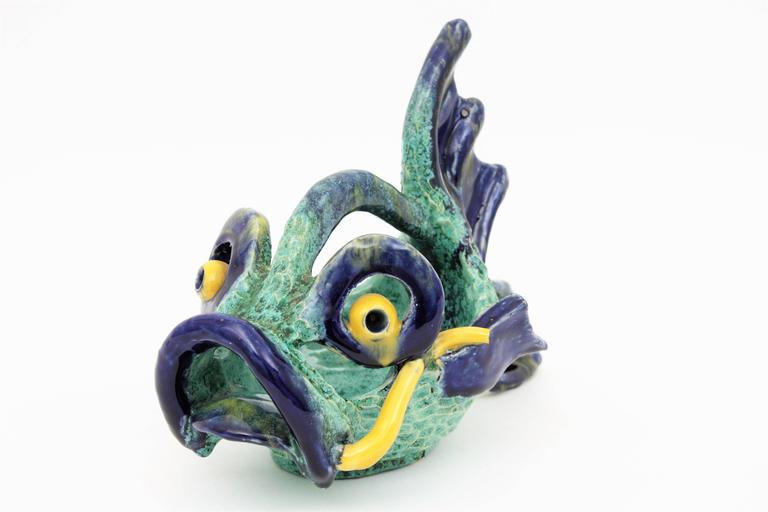 Italian 1950s Colorful Glazed Ceramic Fish Sculpture For Sale at 1stdibs