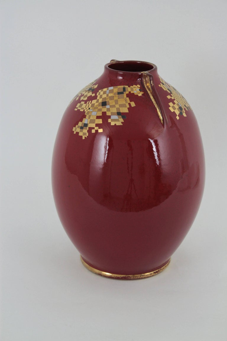 Spanish 1960s Red Glazed Ceramic Vase with Gold Leaf Geometric Accents