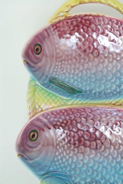 Midcentury Fish Platter in Pink, Blue, Yellow Majolica Glazed Ceramic