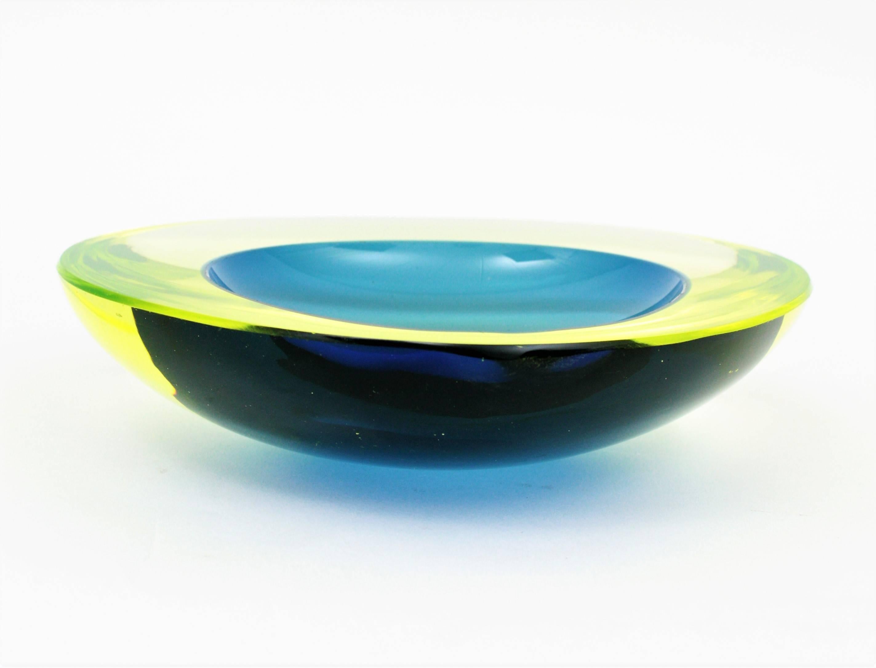 Mid-Century Modern Huge Cenedese Cobalt Blue and Yellow Sommerso Geode Murano Glass Bowl