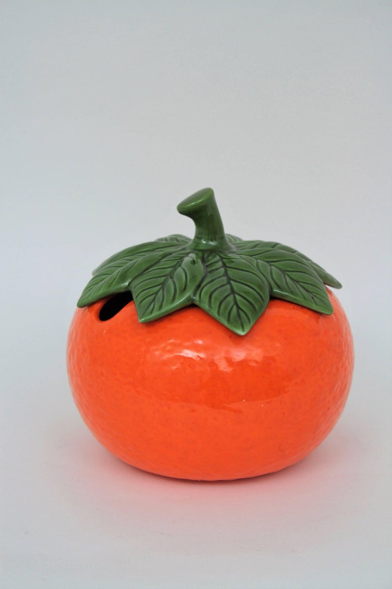 Large Portuguese 1960s Orange Majolica Glazed Ceramic Soup Tureen or