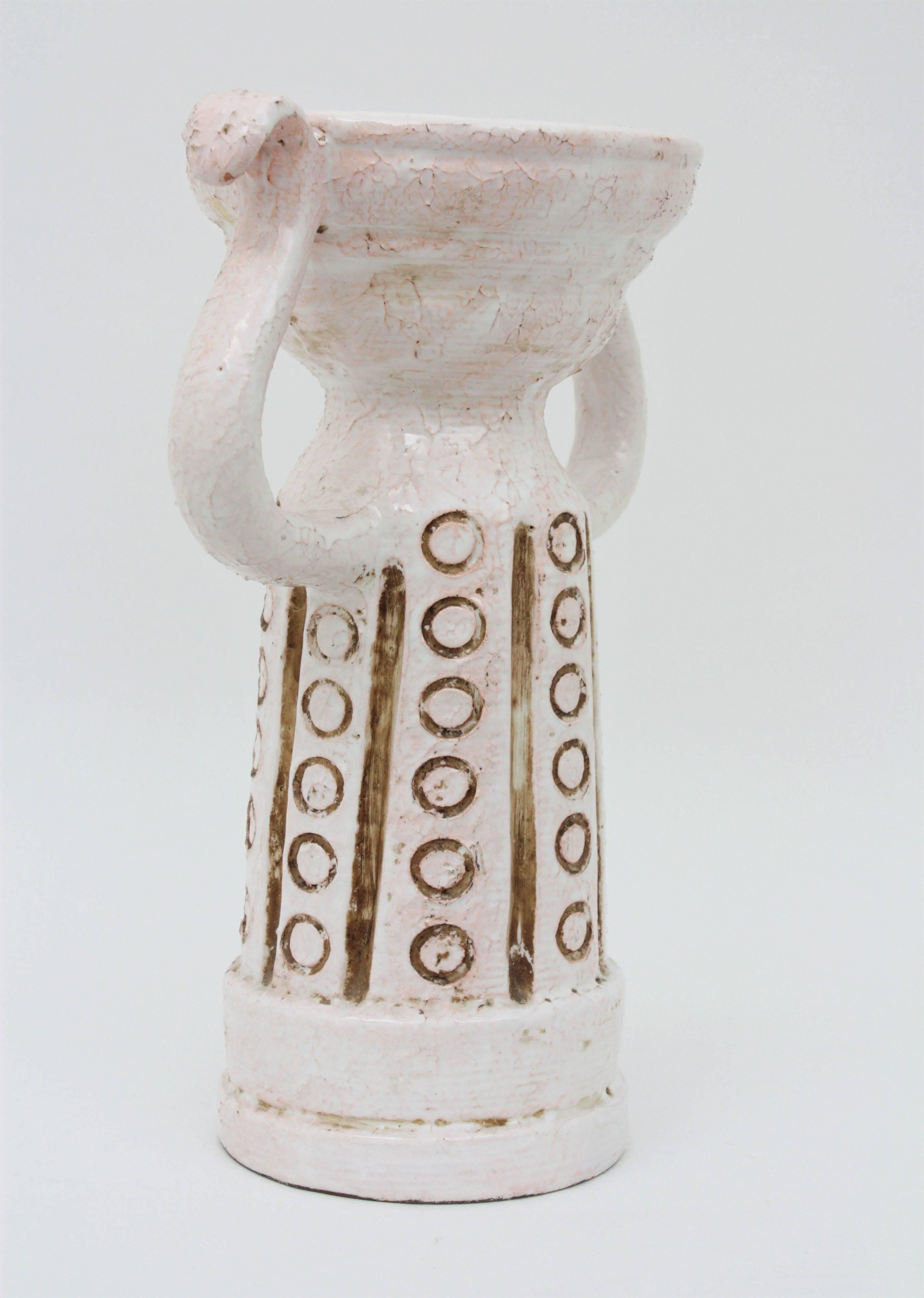 Mid-Century Modern Sculptural Italian 1950s White Glazed Stoneware Double Handled Vase