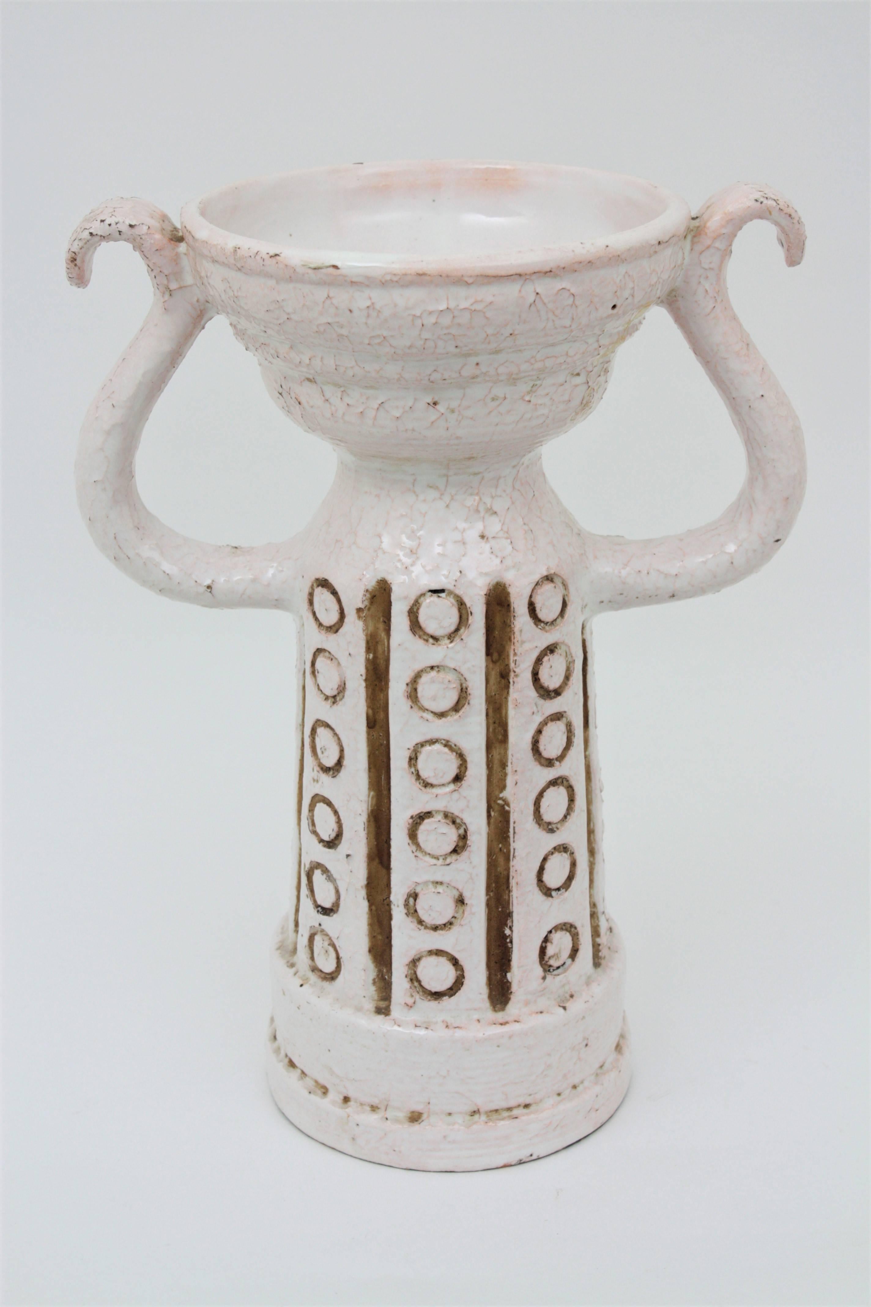 Mid-20th Century Sculptural Italian 1950s White Glazed Stoneware Double Handled Vase
