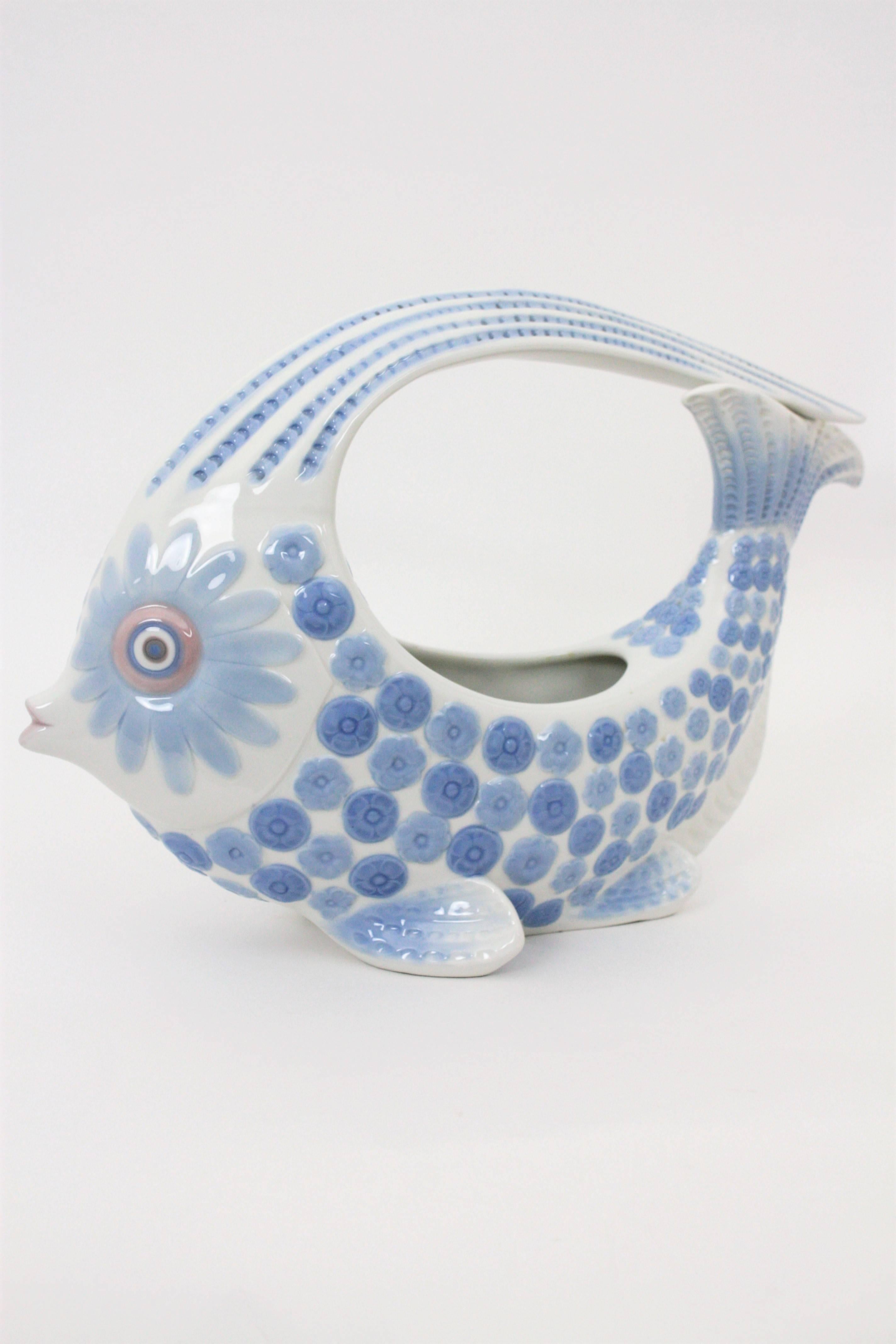 Mid-Century Modern Spanish, 1970s Lladró Porcelain Blue & White Fish Figure Centrepiece or Planter