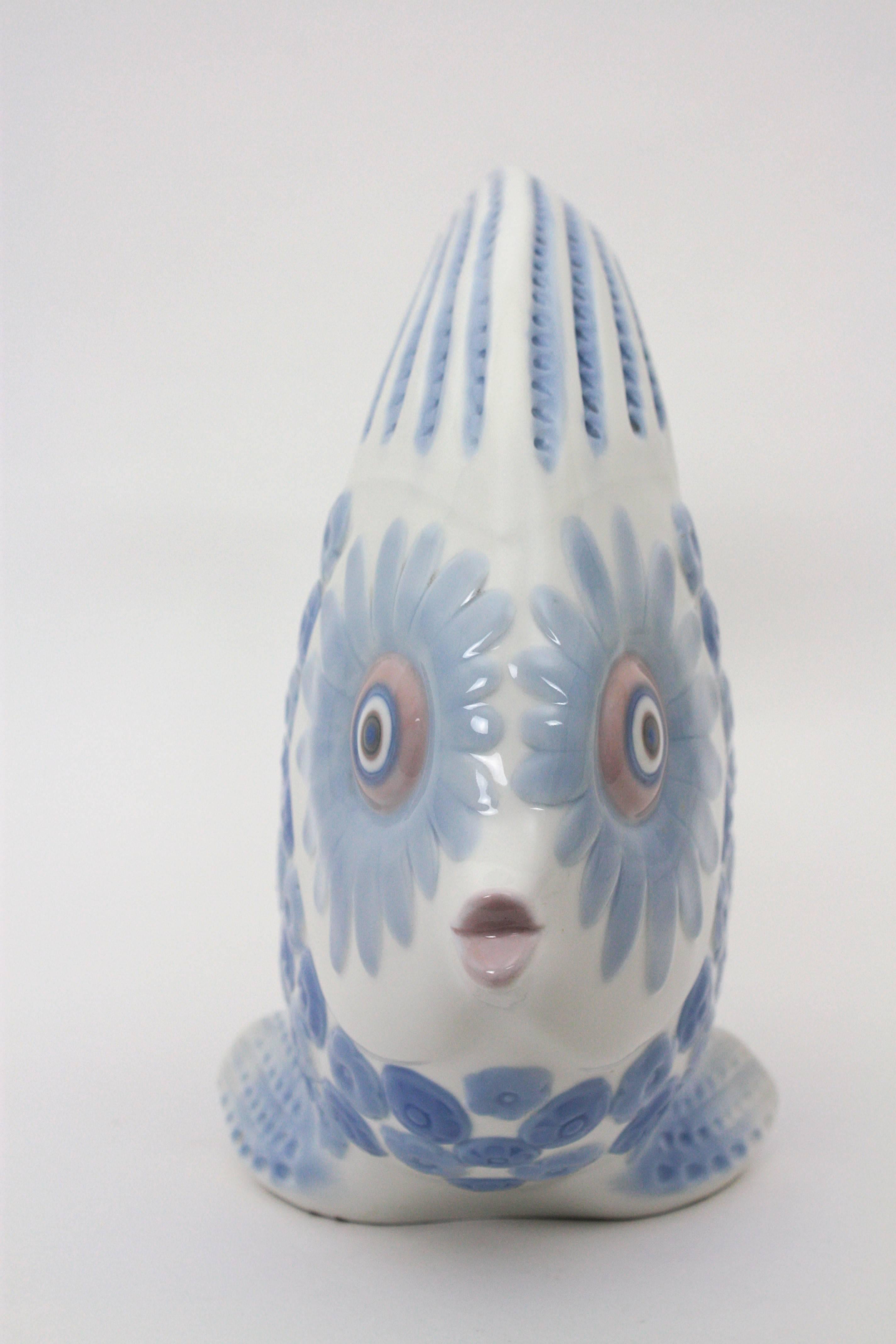 Molded Spanish, 1970s Lladró Porcelain Blue & White Fish Figure Centrepiece or Planter