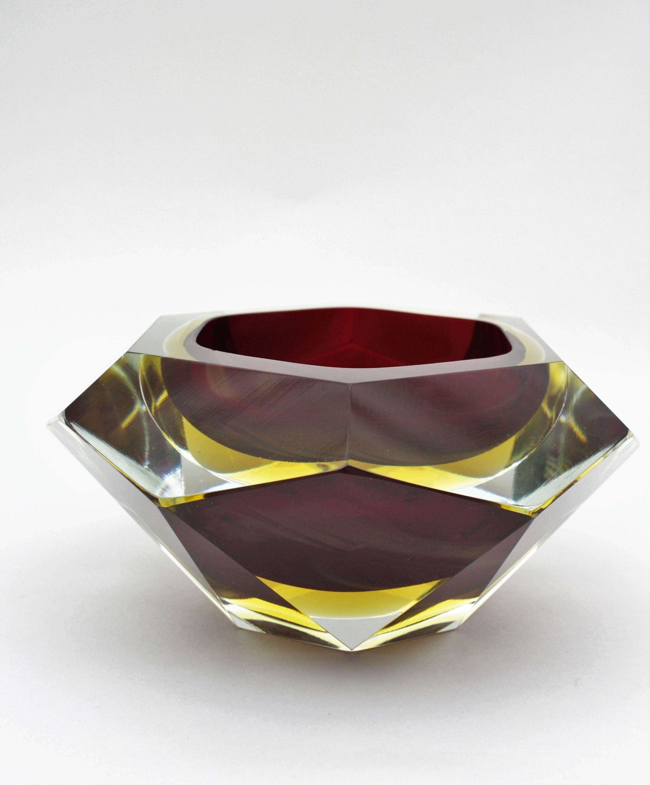 Italian Giant Flavio Poli Ruby and Yellow Diamond Shaped Faceted Murano Glass Bowl