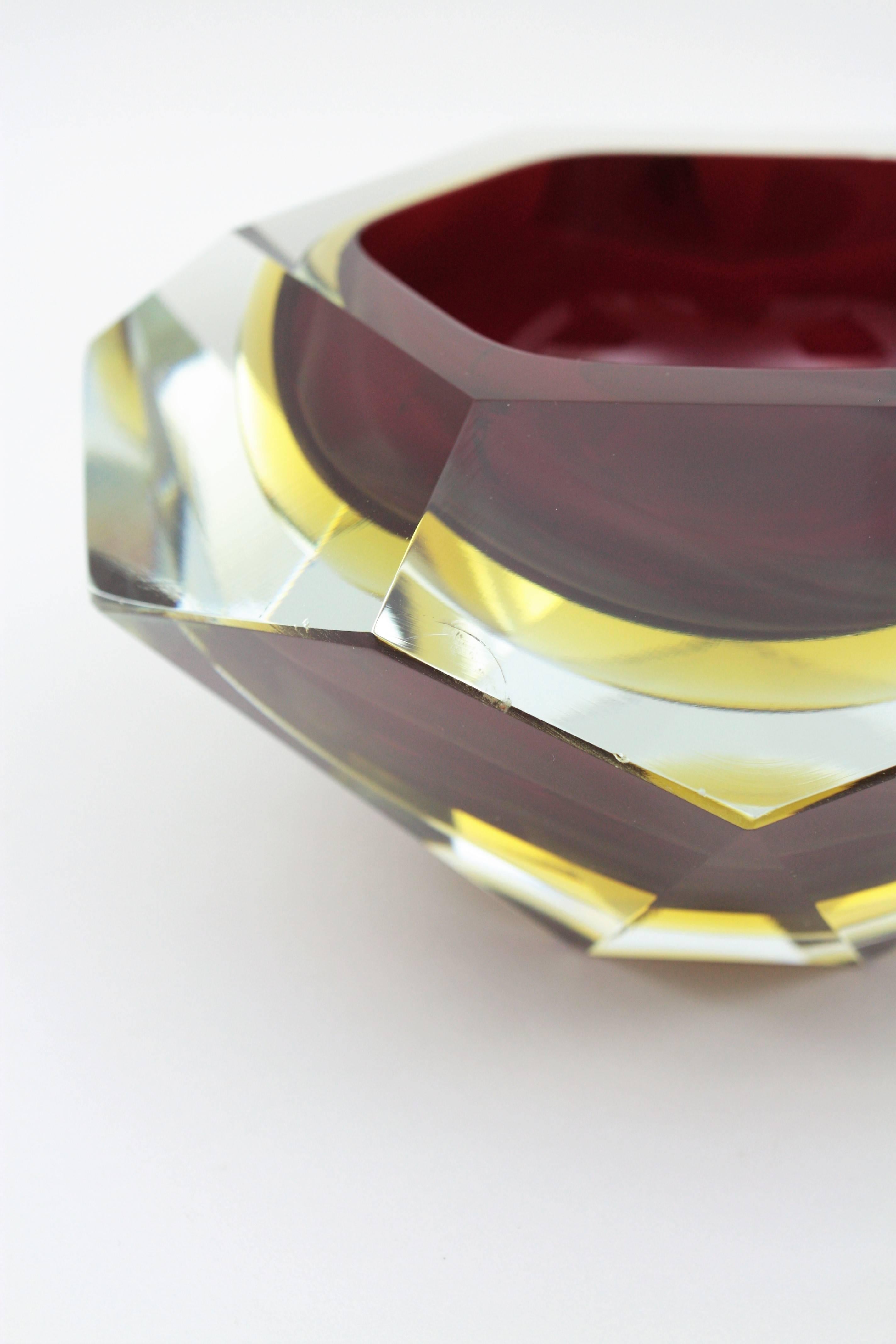 Giant Flavio Poli Ruby and Yellow Diamond Shaped Faceted Murano Glass Bowl 2