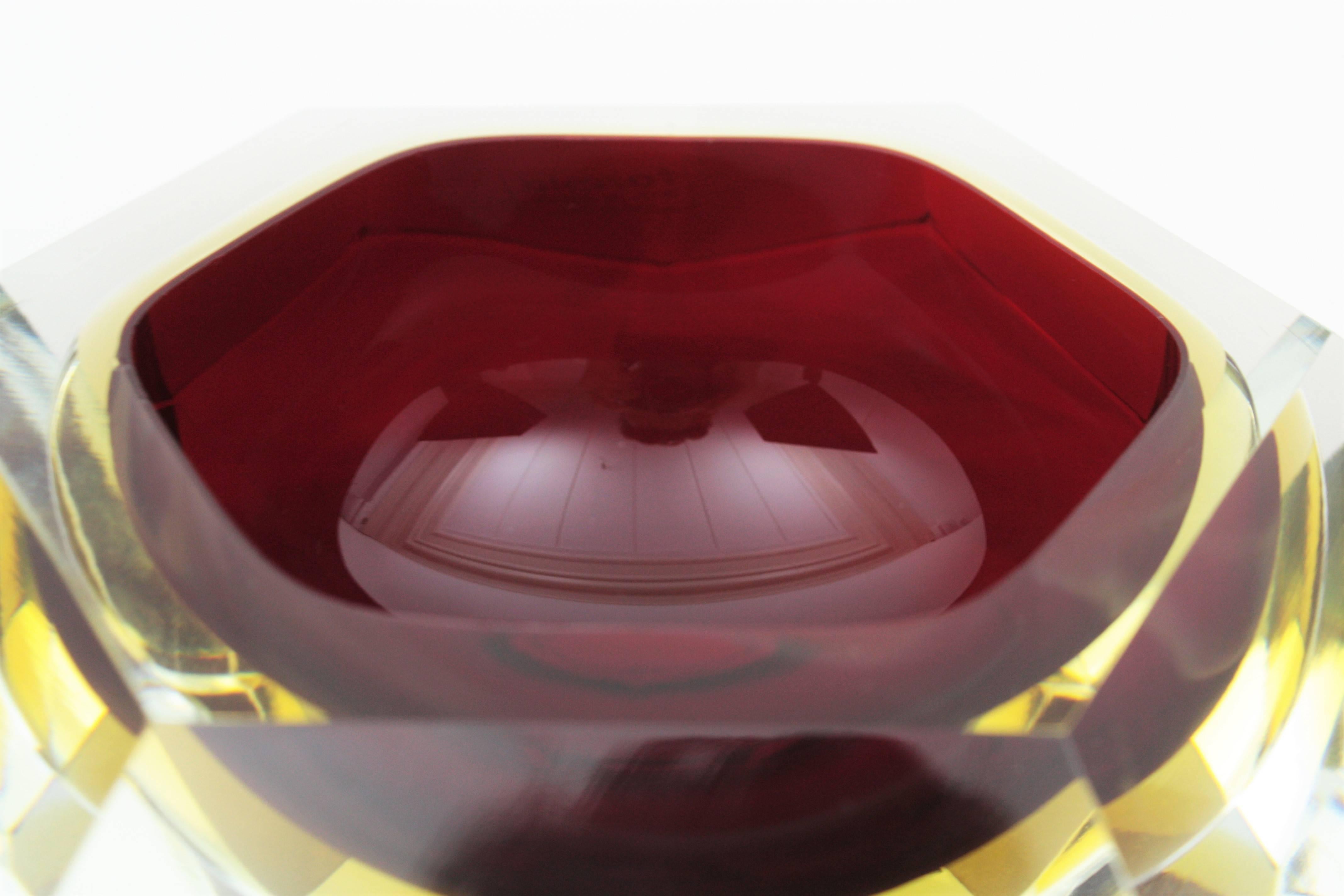 20th Century Giant Flavio Poli Ruby and Yellow Diamond Shaped Faceted Murano Glass Bowl