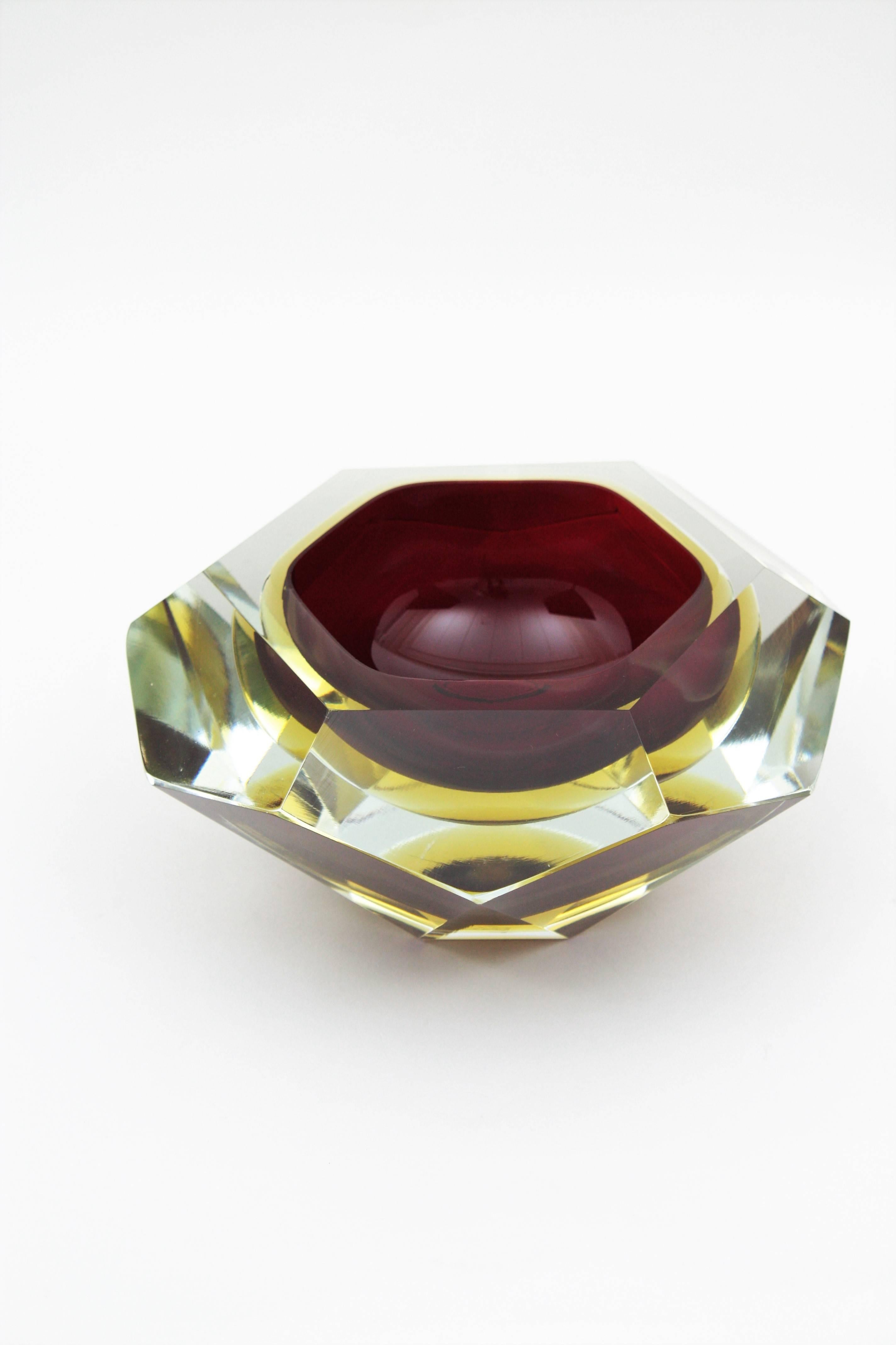 Giant Flavio Poli Ruby and Yellow Diamond Shaped Faceted Murano Glass Bowl 1
