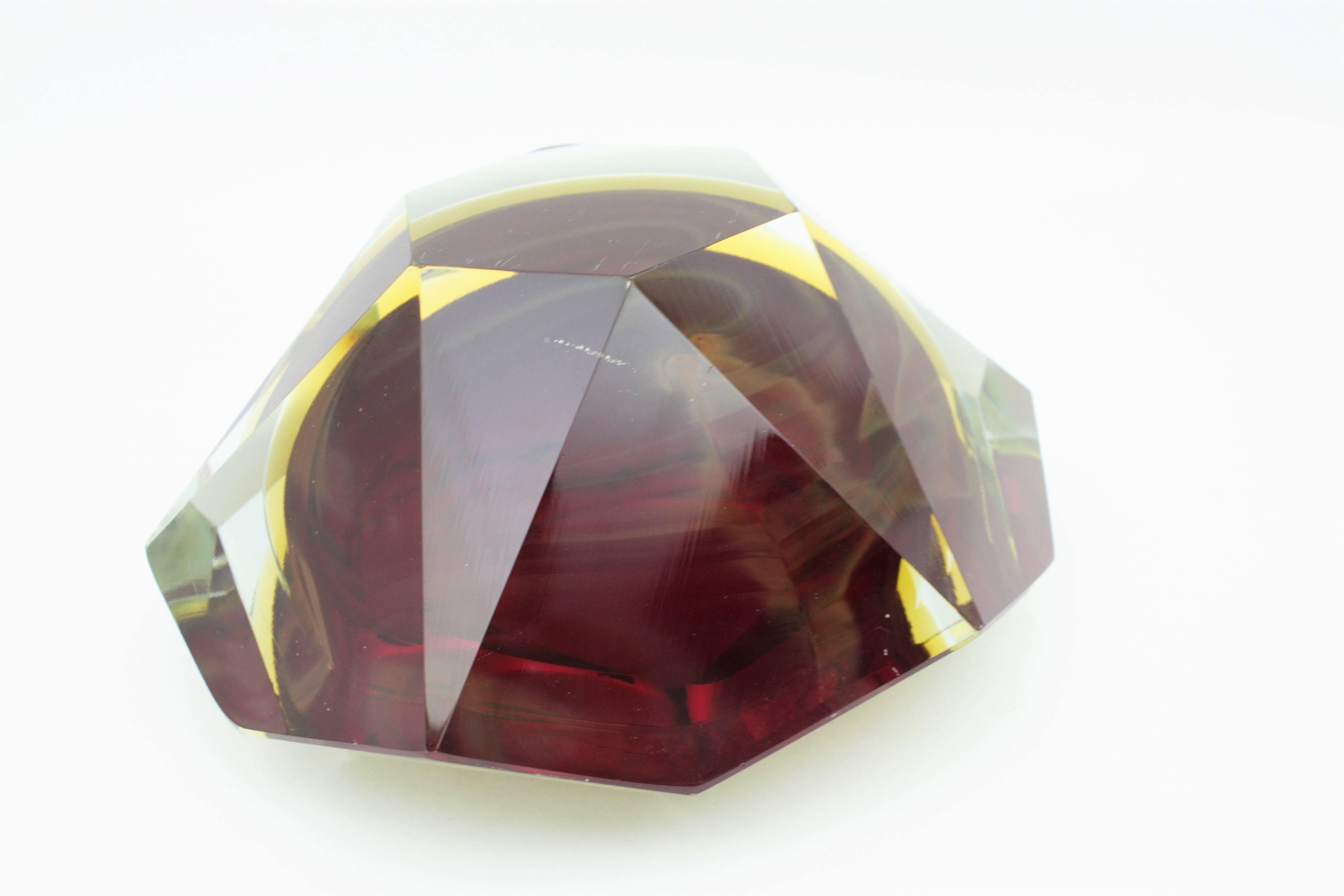 Giant Flavio Poli Ruby and Yellow Diamond Shaped Faceted Murano Glass Bowl 4