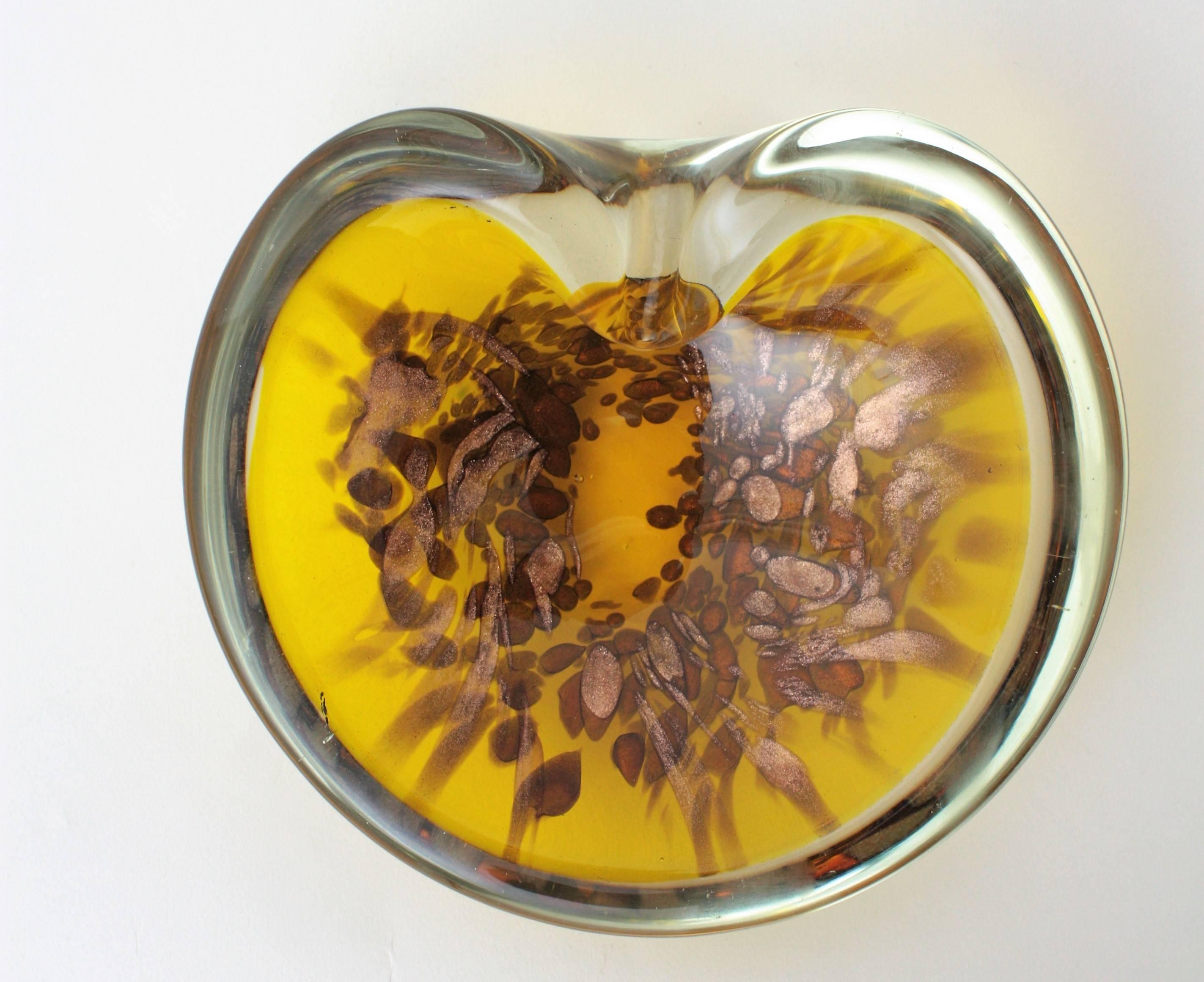 Mid-Century Modern Fratelli Toso Murano Copper Aventurine Yellow Italian Art Glass Bowl / Ashtray